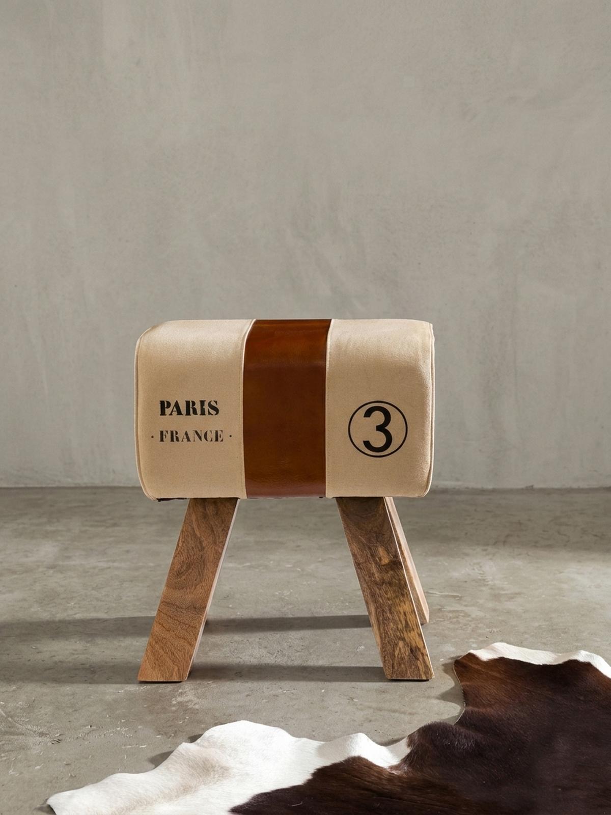 SITZHOCKER Retro Landhaus Holzbeine, Beige 40x30x47 cm - Cognac/Beige, Mangoholz/Textil (40/47/30cm) - KADIMA DESIGN