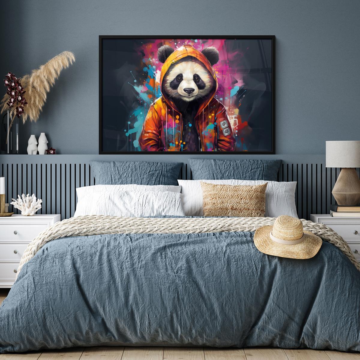 POSTER MIT RAHMENGERAHMTES BILD Panda - Jacke - Graffiti - Orange 120x80 cm - Orange, Papier (120/80cm) - MuchoWow