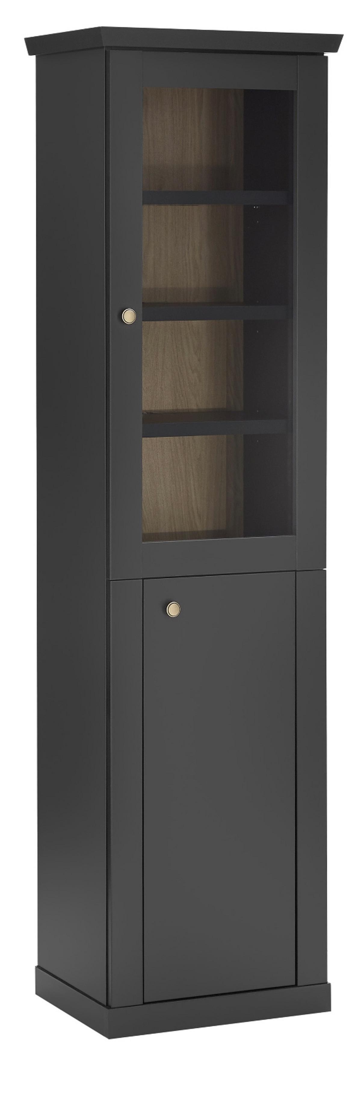 VITRINE schwarz matt, Eiche 55 cm, Vitrinenschrak Landhaus mit Soft-Close - Eichefarben/Messingfarben, Glas/Holzwerkstoff (55/200/39cm) - Furn.Design