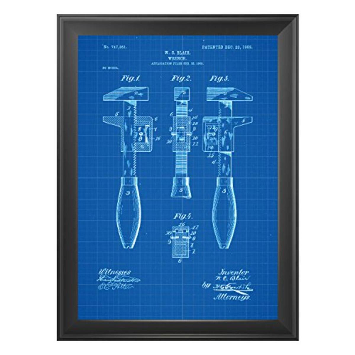 POSTER Set mit 4 Blau Werkzeug Patenten A4 Schwarzer Rahmen - Schwarz, Papier (29.7/3cm) - Nacnic