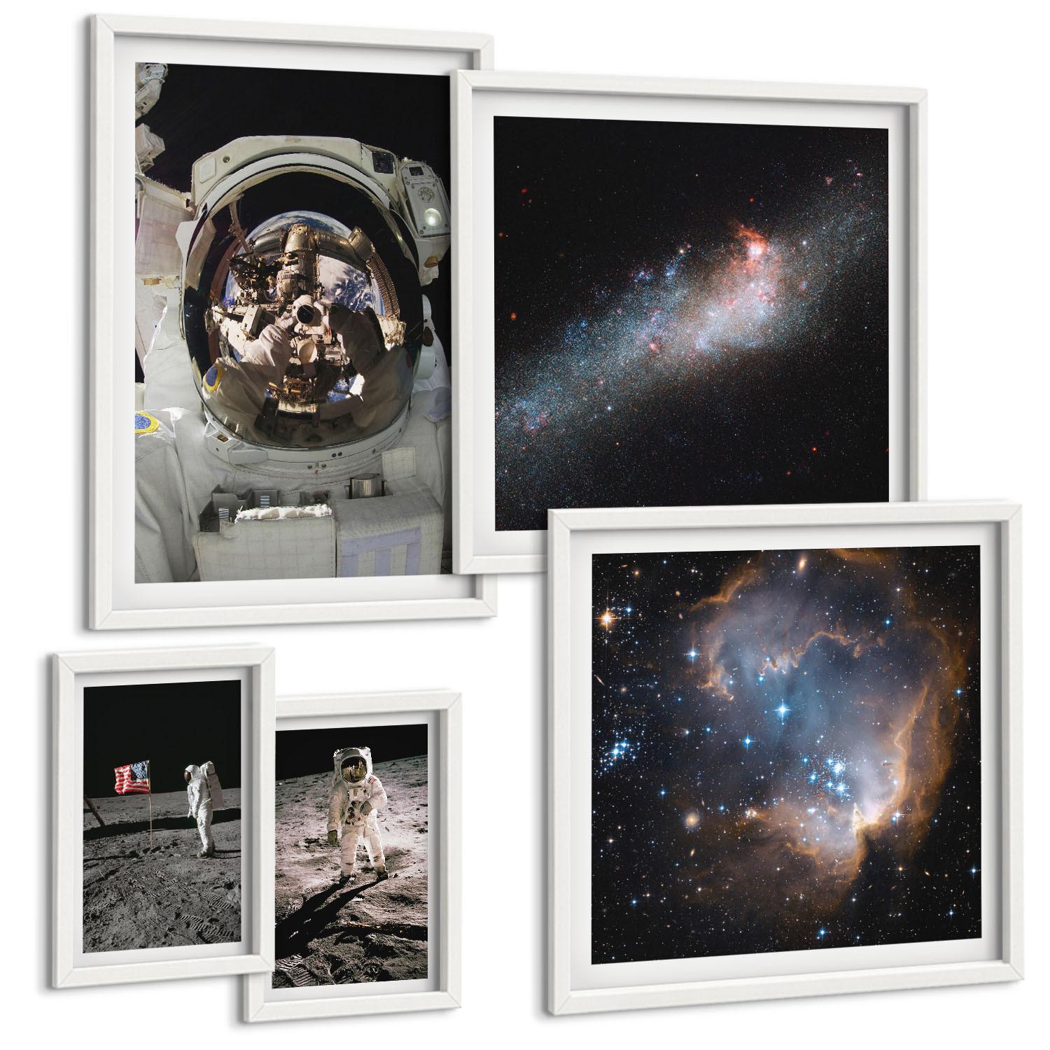 BILDER SET 5er Set - 50x50 cm & 20x30 cm & 40x60 cm Weißer Rahmen - Astronauten landen auf dem Mond - Weiß, Kunststoff (40/60cm) - TULUP