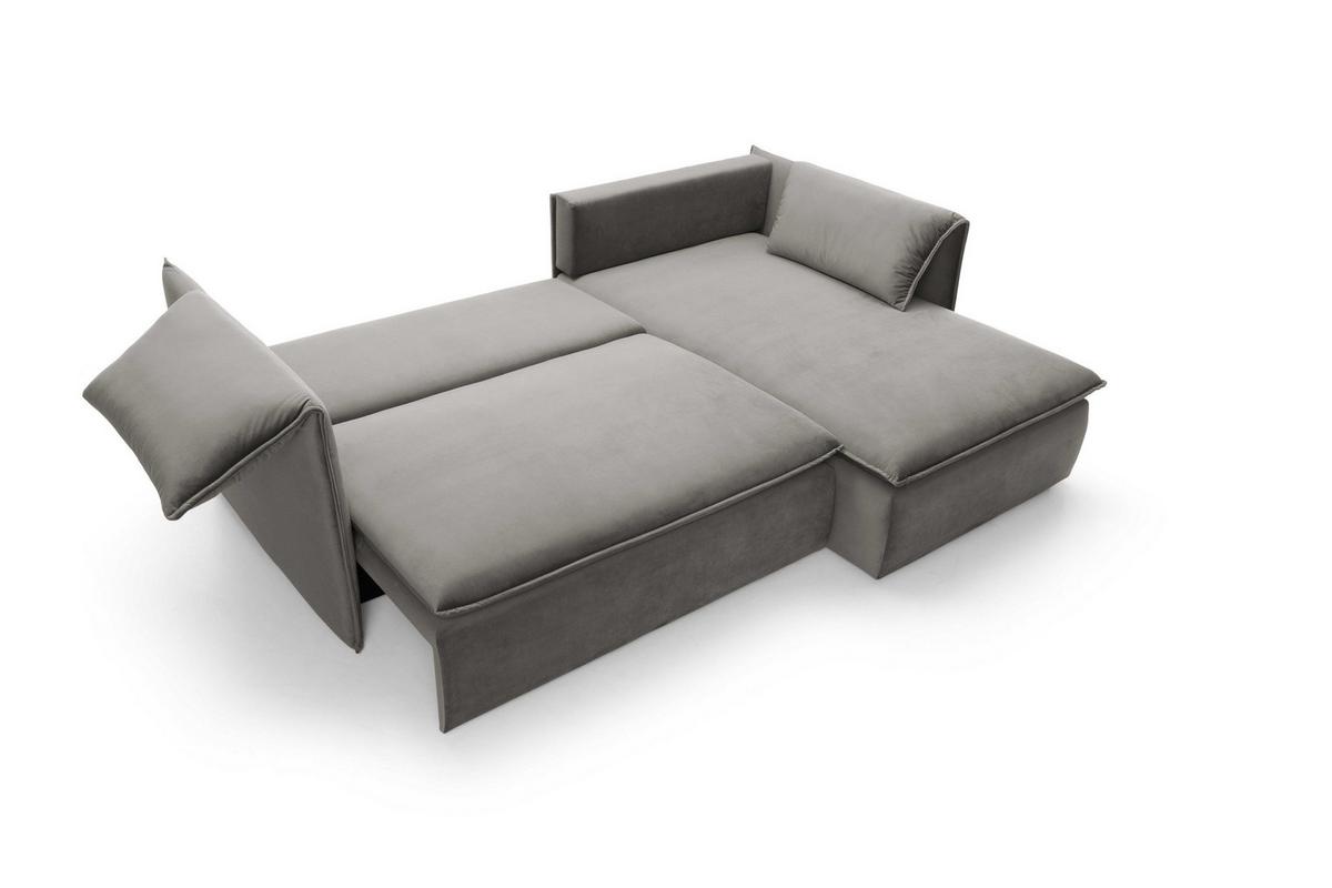 ECKSOFA PREGIO Grau Plüsch-Stoff mit Schlaffunktion - Grau, Holz (230/166cm) - MASSENO