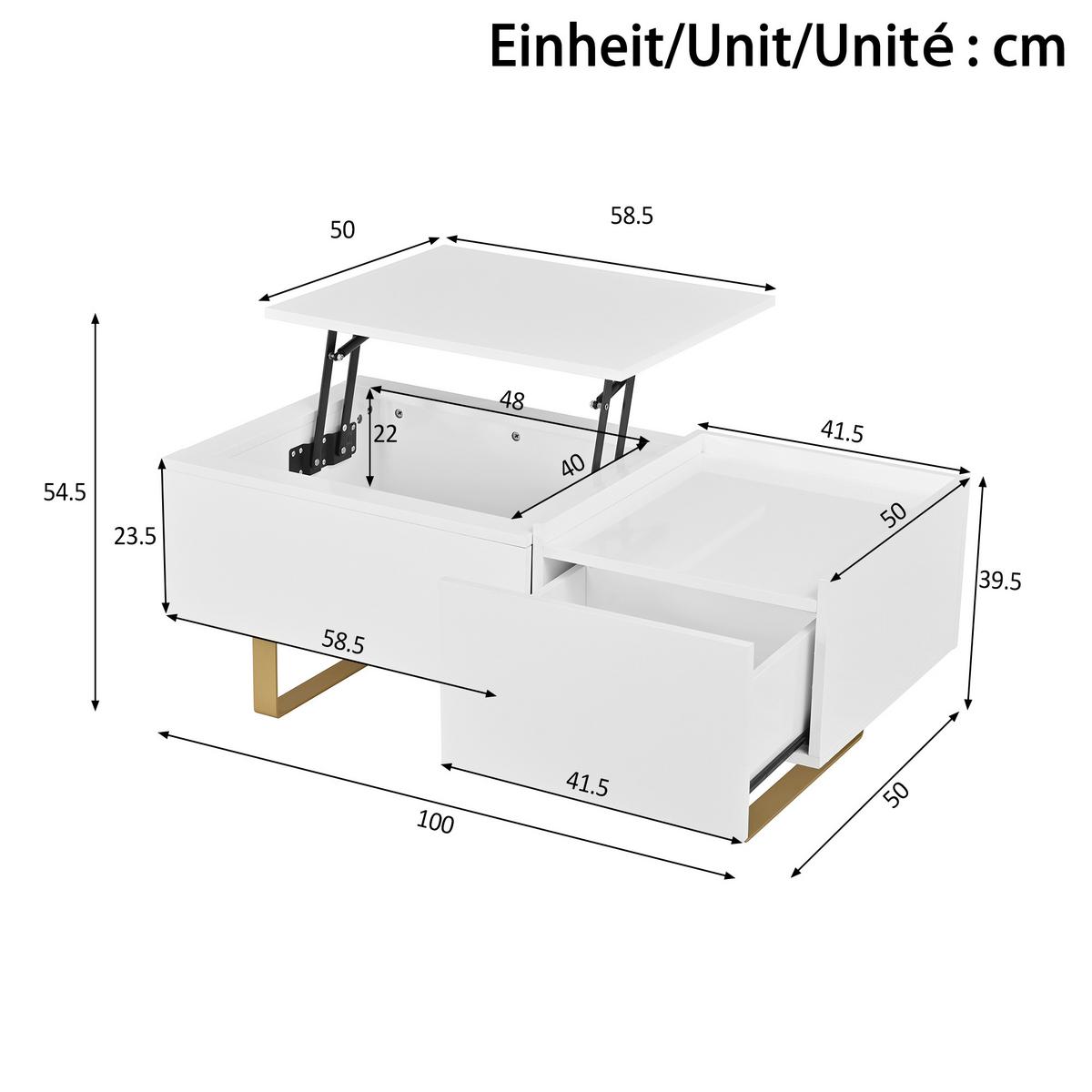 COUCHTISCH Höhenverstellbar Weiß Hochglanz mit Schublade - Weiß, Holzwerkstoff (50/100/54.5cm) - Urban Meuble