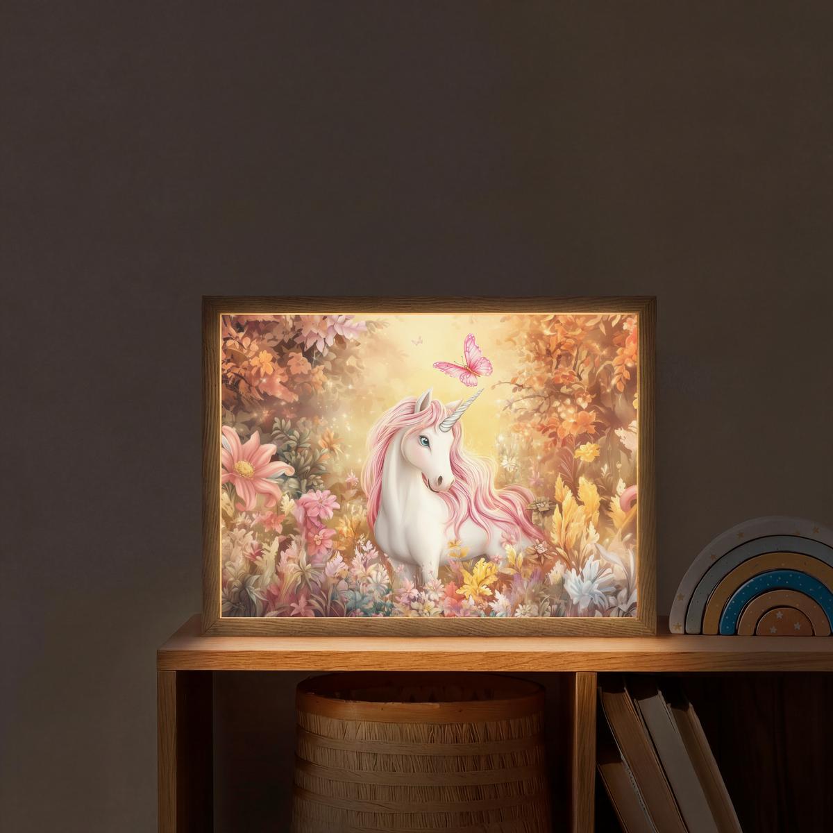 WANDLEUCHTE MIT AKKU Einhorn - Blumen - Schmetterling - Rosa 40x30 cm - Beige, Holzwerkstoff (40/30/8cm) - OnlyWow
