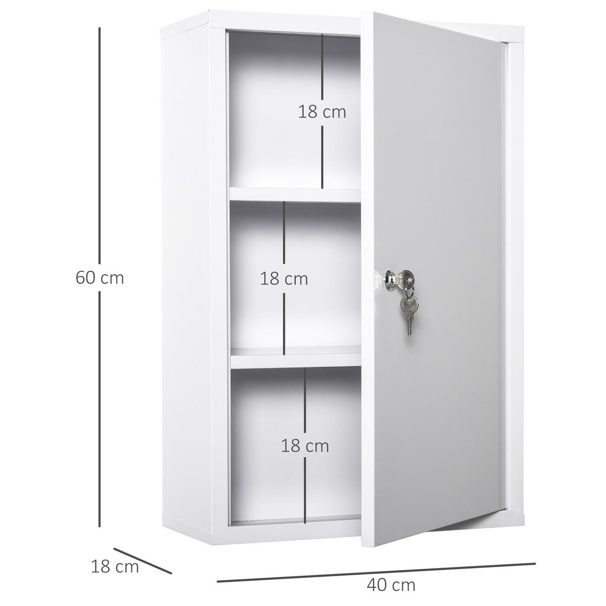 MEDIZINSCHRANK Arzneischrank Erste-Hilfe-Schrank mit Schloss 3 Fächer Stahl Weiß - Weiß, Metall (40/60/18cm) - Kleankin