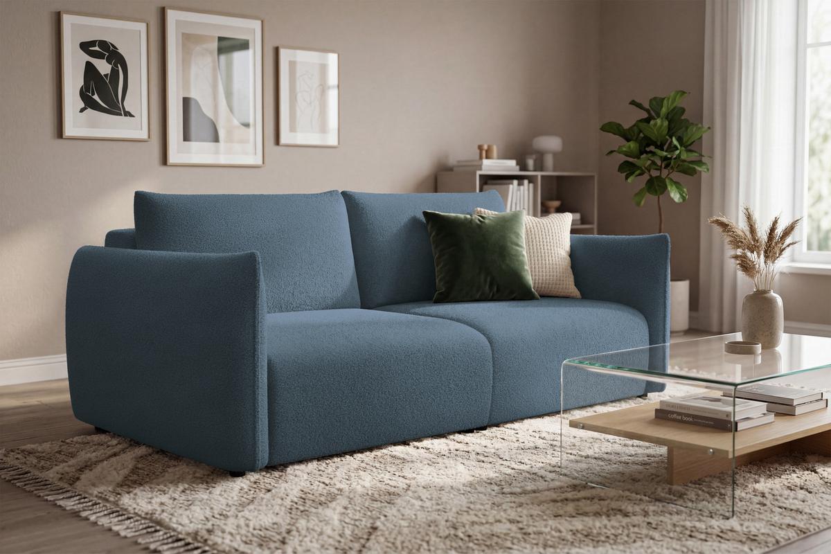 SOFA TAUER 3-Sitzer, Bouclé-Stoff blau - Blau/Schwarz, Holz/Textil (206/84/112cm) - Courtois Laville