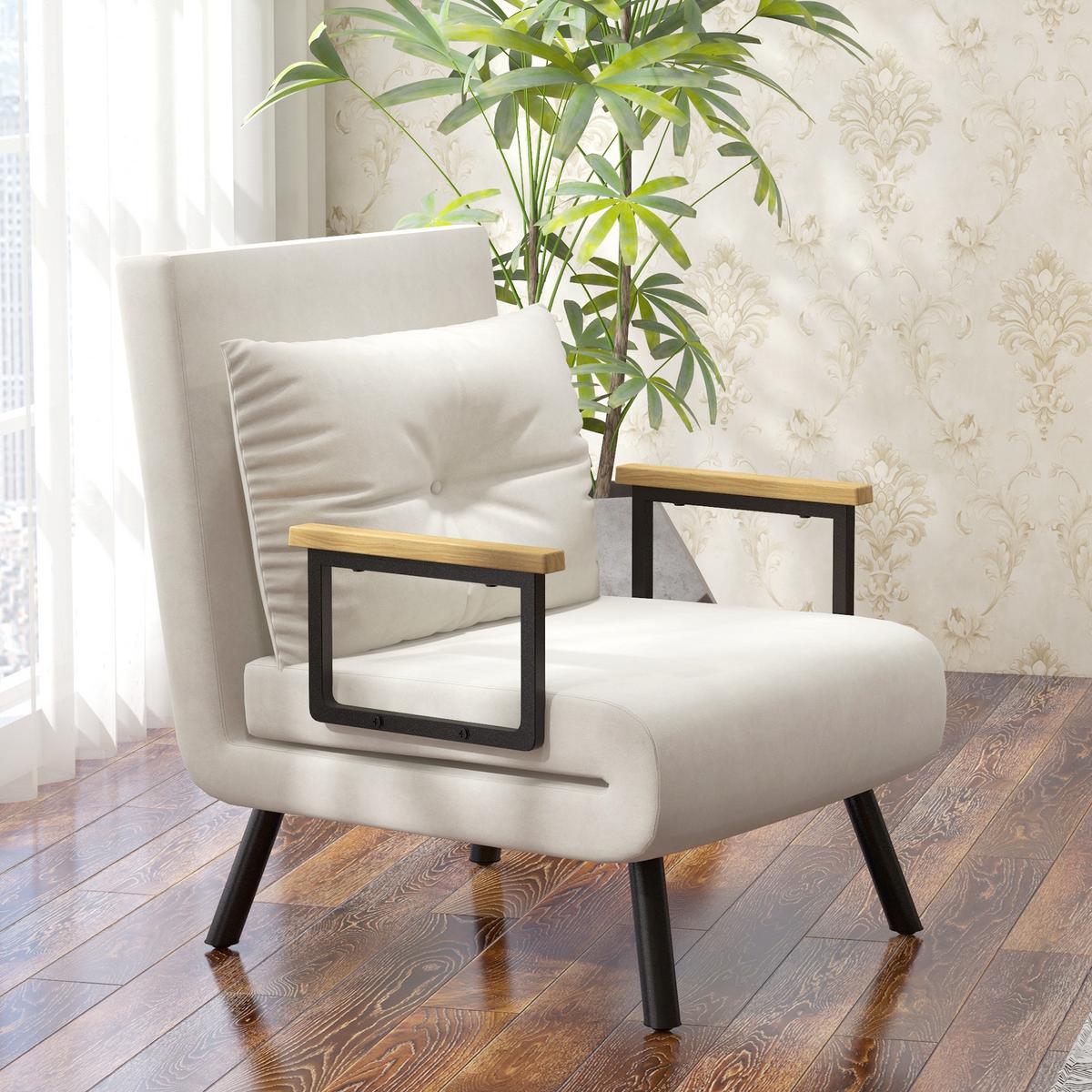 SCHLAFSESSEL, Einzelsofa mit Bettfunktion, Relaxsessel mit Rückenkissen Creme - Creme/Schwarz, Holz/Textil (63/81/73cm) - HOMCOM