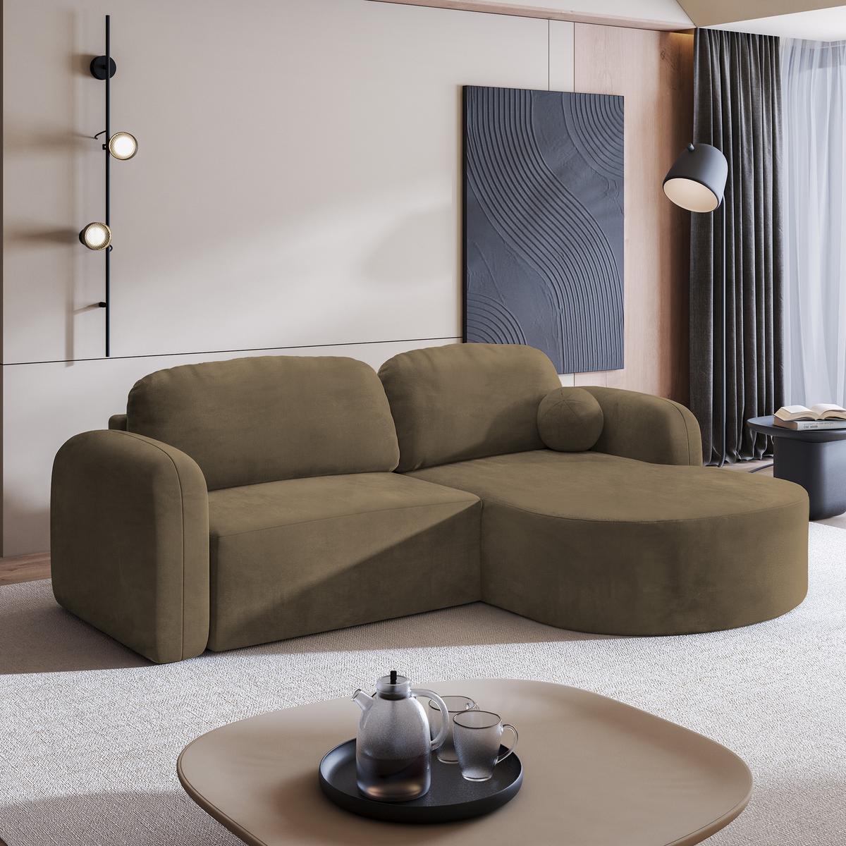 ECKSOFA AMILIA M R-S Beige Velours-Stoff mit Schlaffunktion - Beige, Holz (263/174cm) - MASSENO