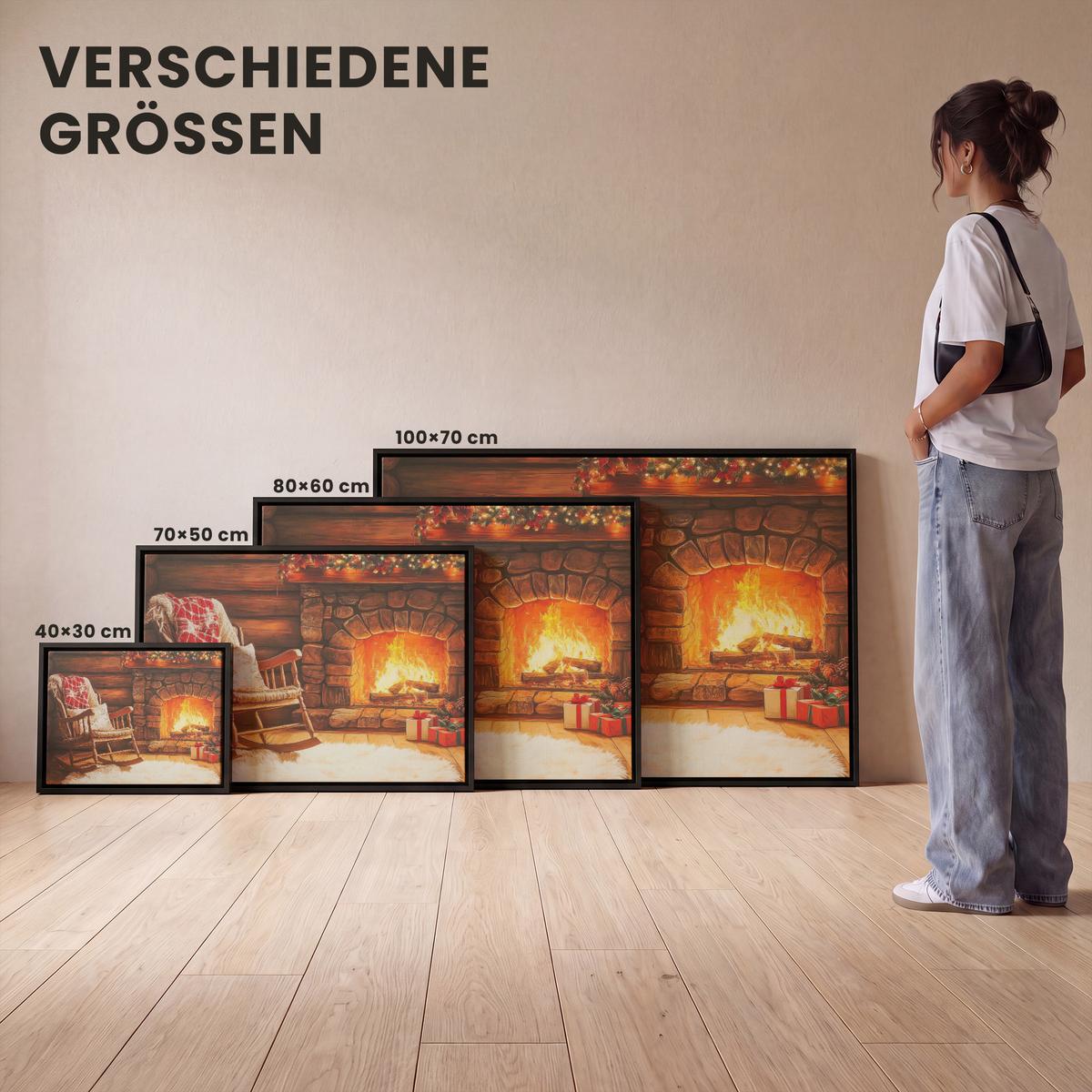 LEINWAND Bilder mit Rahmen - Winter - Weihnachten - Zuhause - Kamin - 70x50 - Bernsteinfarben, Textil (70/50cm) - MuchoWow