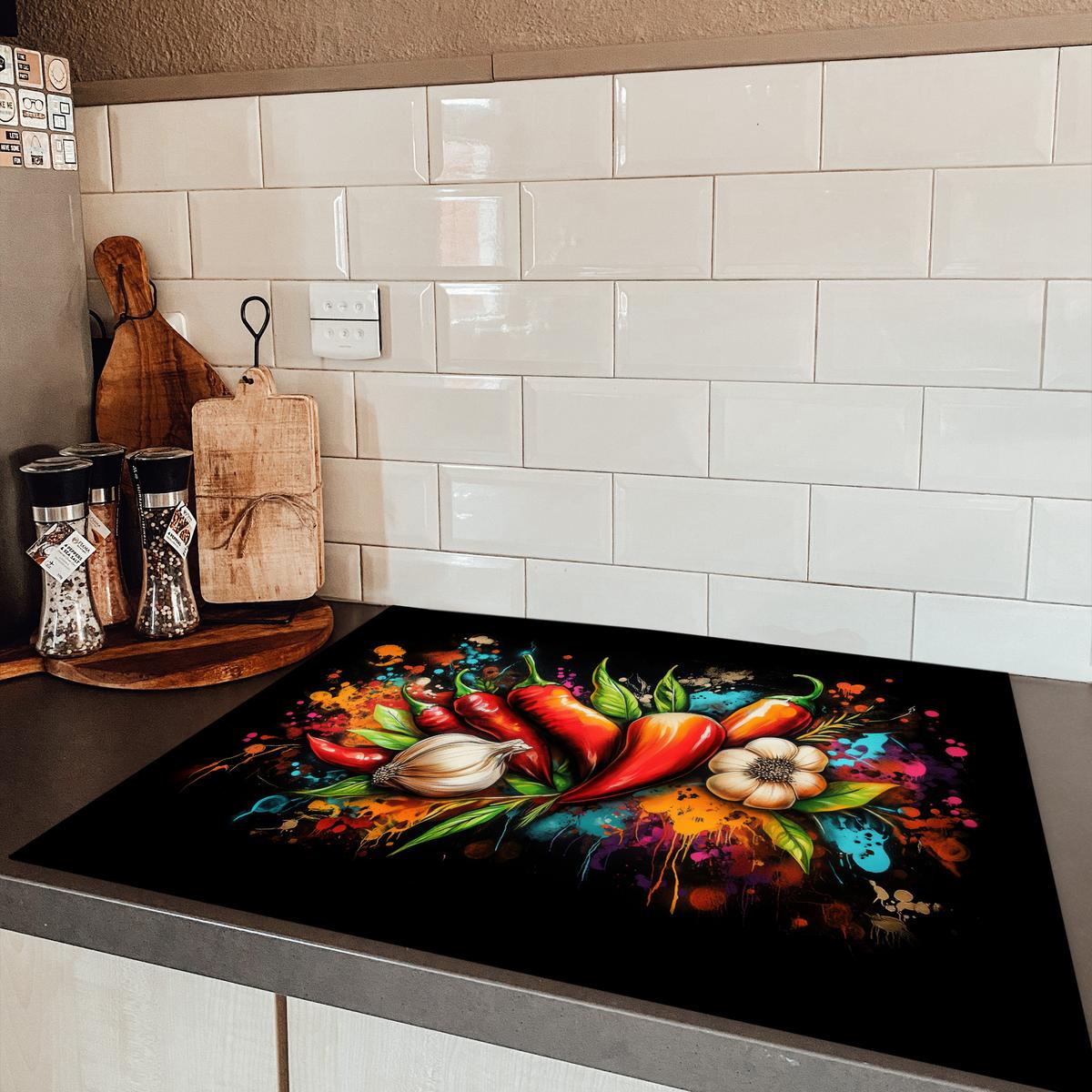 HERDABDECKPLATTE Gemüse - Paprika - Knoblauch - Graffiti - Farbe - Bunt Induktionsmatte 77x59 cm - Rot, Kunststoff (77/59/0.2cm) - MuchoWow