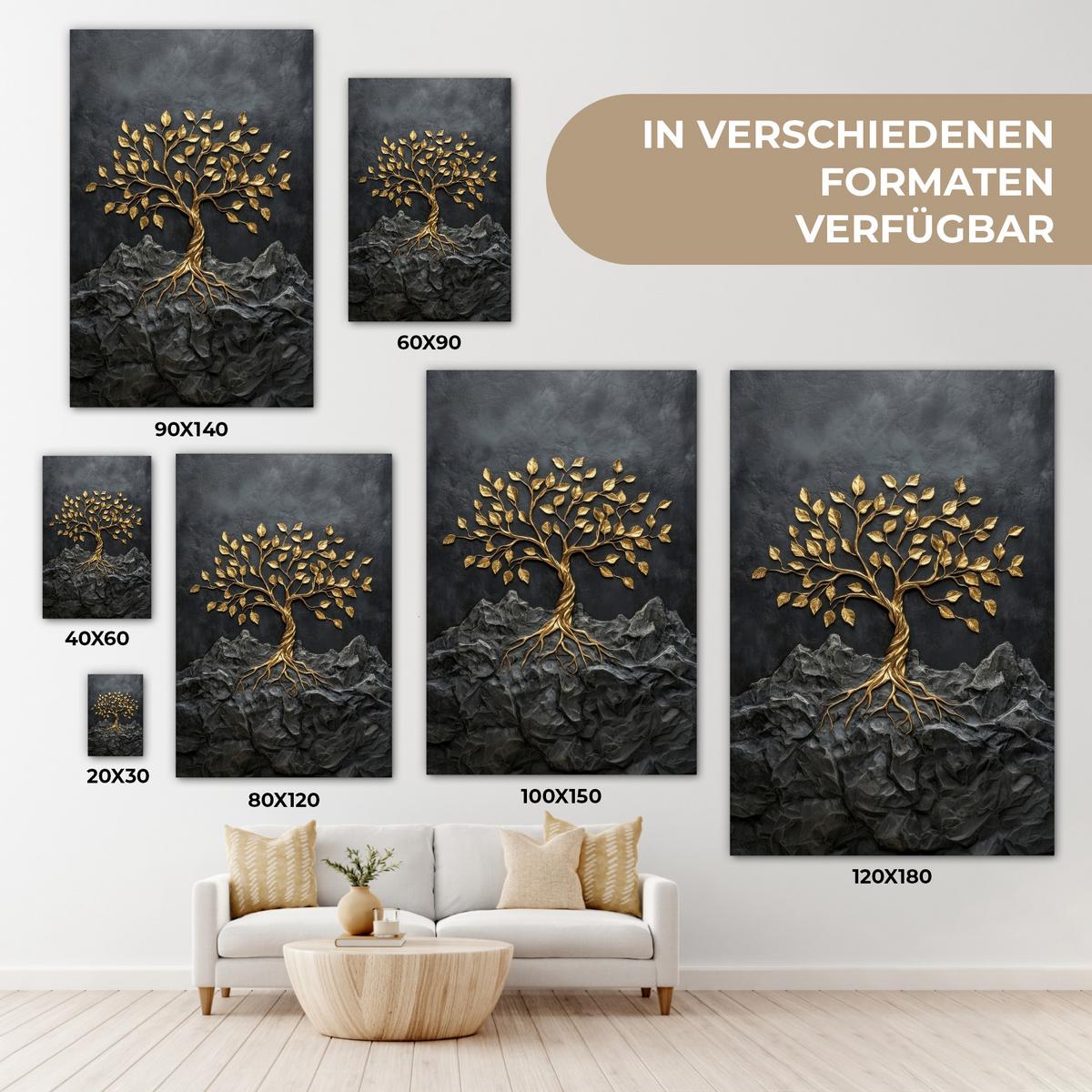LEINWANDBILD Blätter - Gold - Baum - Fels Wanddeko Schlafzimmer 60x90 cm - Schwarz, Textil (60/90cm) - MuchoWow