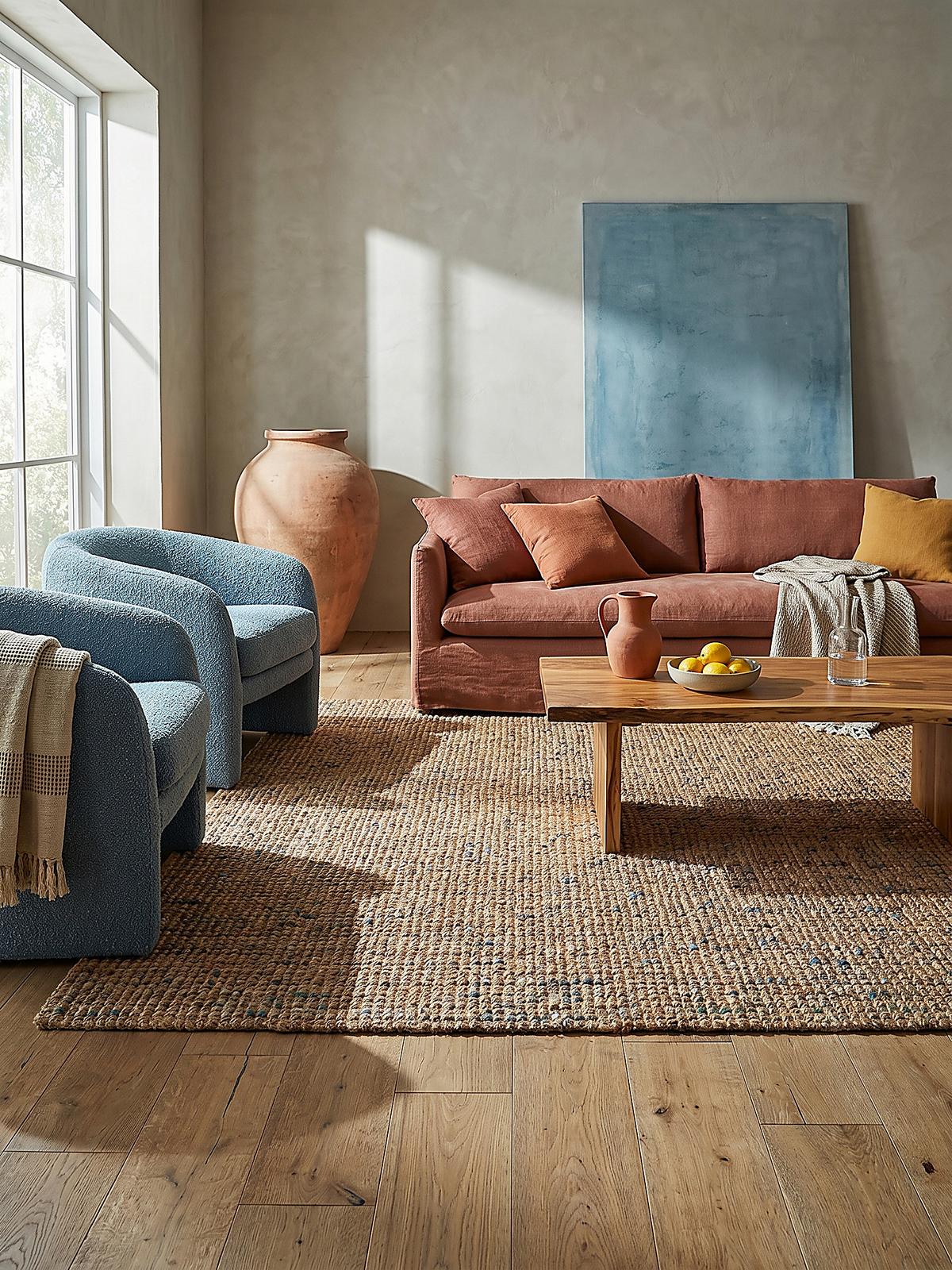 JUTETEPPICH handgewebt ERME, in Naturjute, Natur-Blau, 200 x 290 cm - Beige, Textil (290/200cm) - KADIMA DESIGN