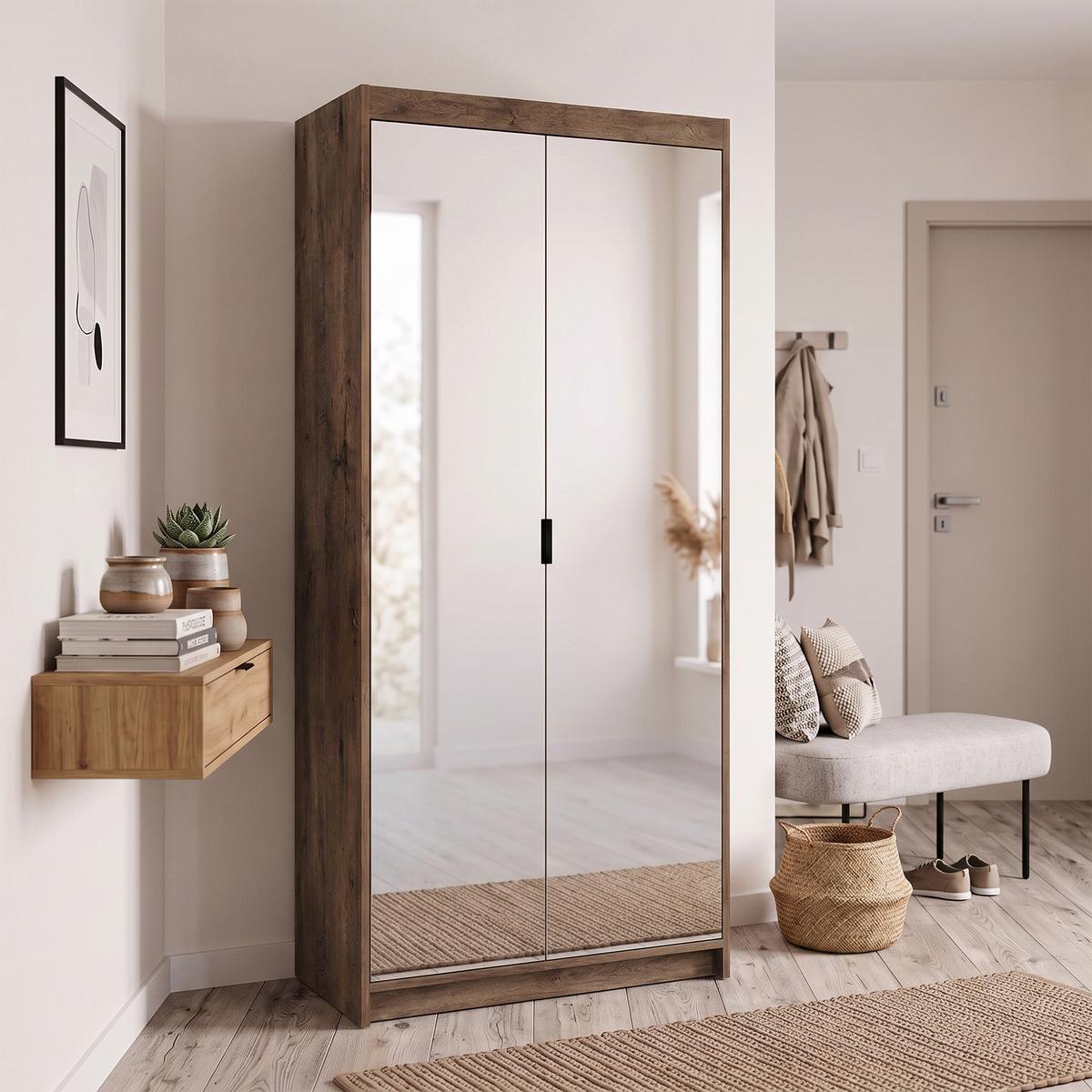 DREHTÜRENSCHRANK Elena mit 2 Türen und 2 Spiegel, 90 cm, Eiche Lefkas - Eichefarben, Holzwerkstoff (90/190/53cm) - Beautysofa
