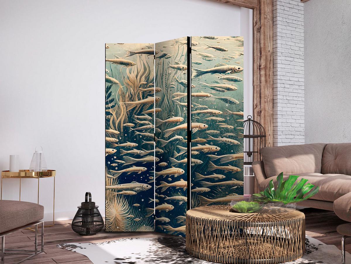 PARAVENT Akustik 3-tlg 135x172 cm Fische Im Ozean Boho - Beige, Holz/Textil (135/172/3cm) - Muralo