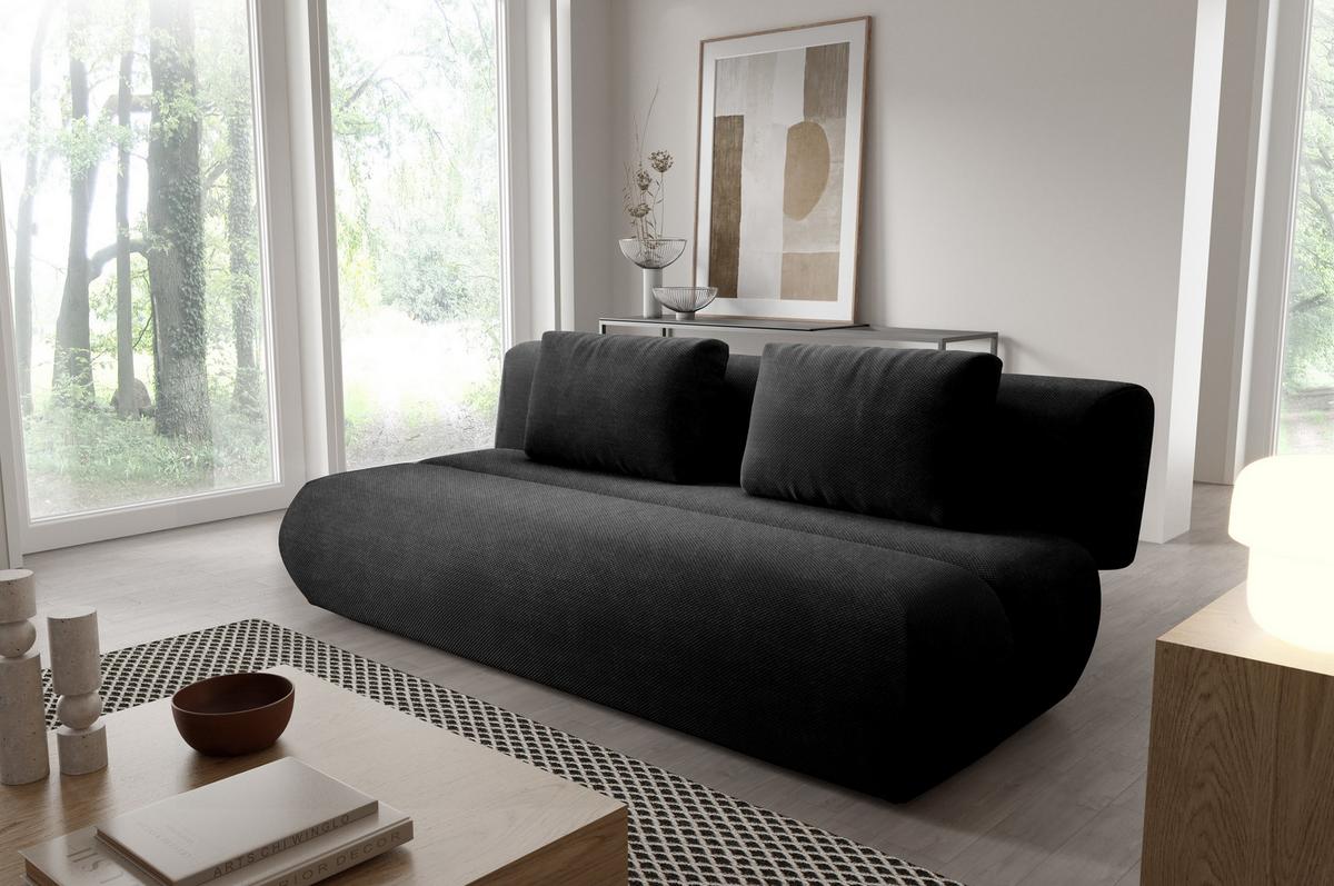 BETTSOFA ATOMO Schwarz Velours-Stoff mit Schlaffunktion - Schwarz, Holz (217/82/134cm) - MASSENO