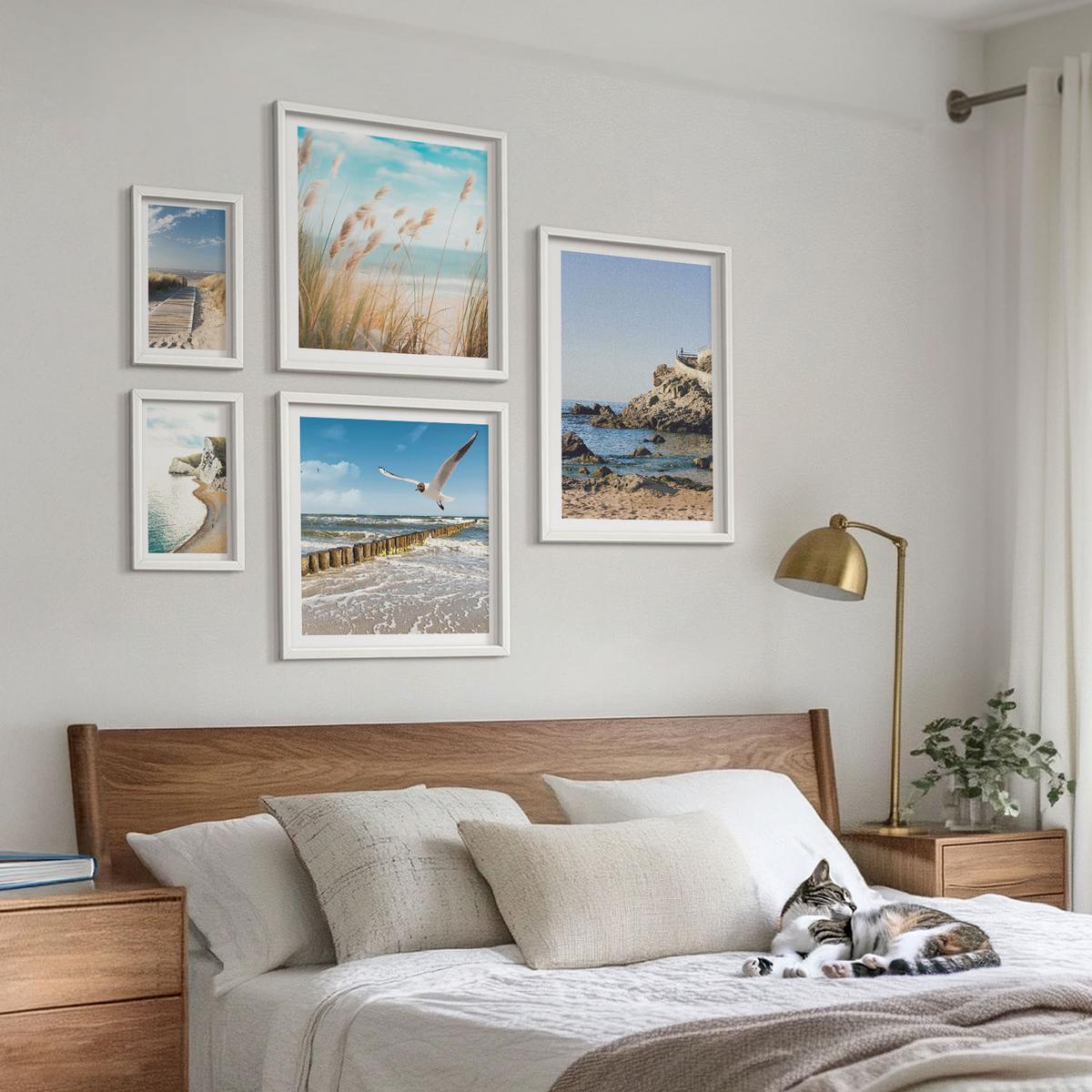 BILDER SET 5er Set - 50x50 cm & 20x30 cm & 40x60 cm Weißer Rahmen - Tropische türkisfarbene Inseln - Weiß, Kunststoff (40/60cm) - TULUP