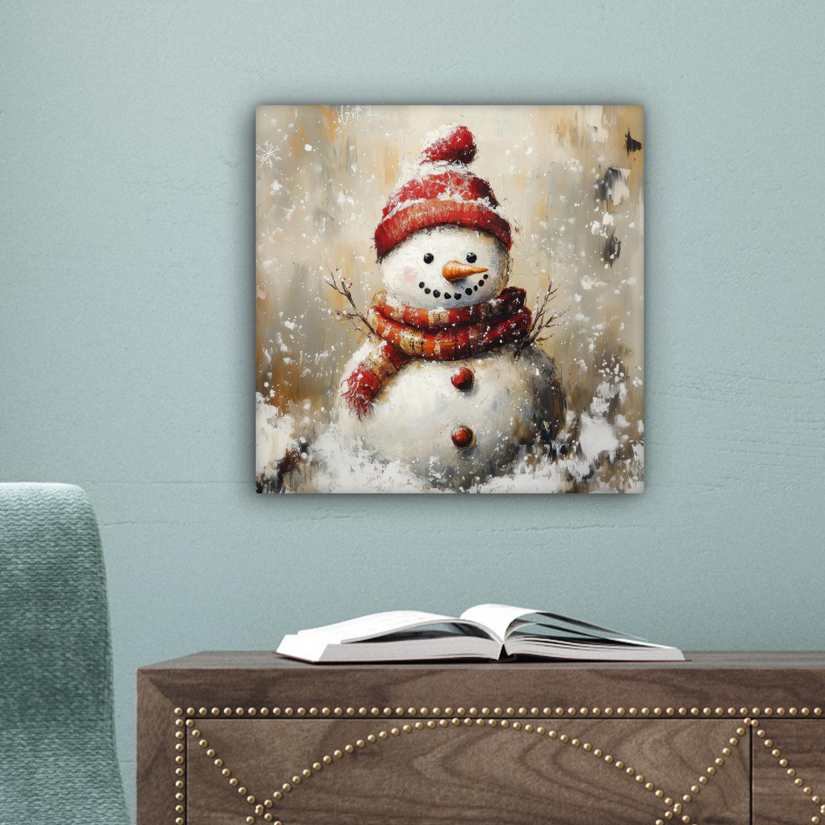 LEINWANDBILD Schneemann - Winter - Schnee - Beige Deko Wohnzimmer 20x20 cm - Weiß, Textil (20/20cm) - MuchoWow