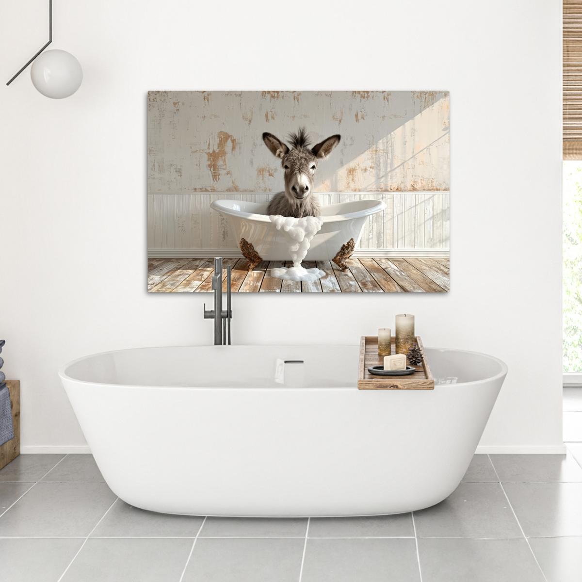 LEINWANDBILD Esel - Tiere - Badewanne - Schaumstoff Wohnzimmer Groß 120x80 cm - Weiß, Textil (120/80cm) - MuchoWow