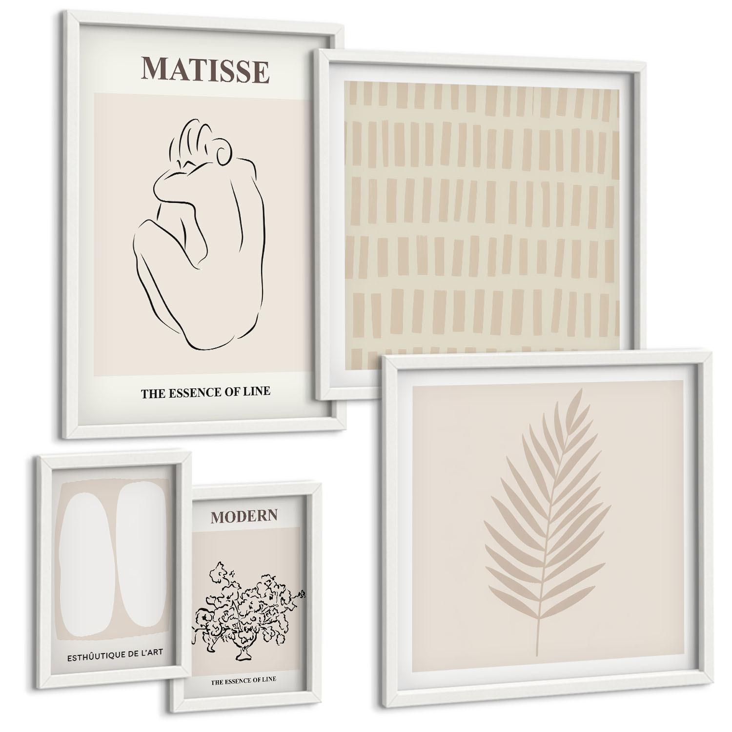BILDER SET 5er Set - 50x50 cm & 20x30 cm & 40x60 cm Weißer Rahmen - Linien, Formen, Beige, Weiß - Weiß, Kunststoff (40/60cm) - TULUP