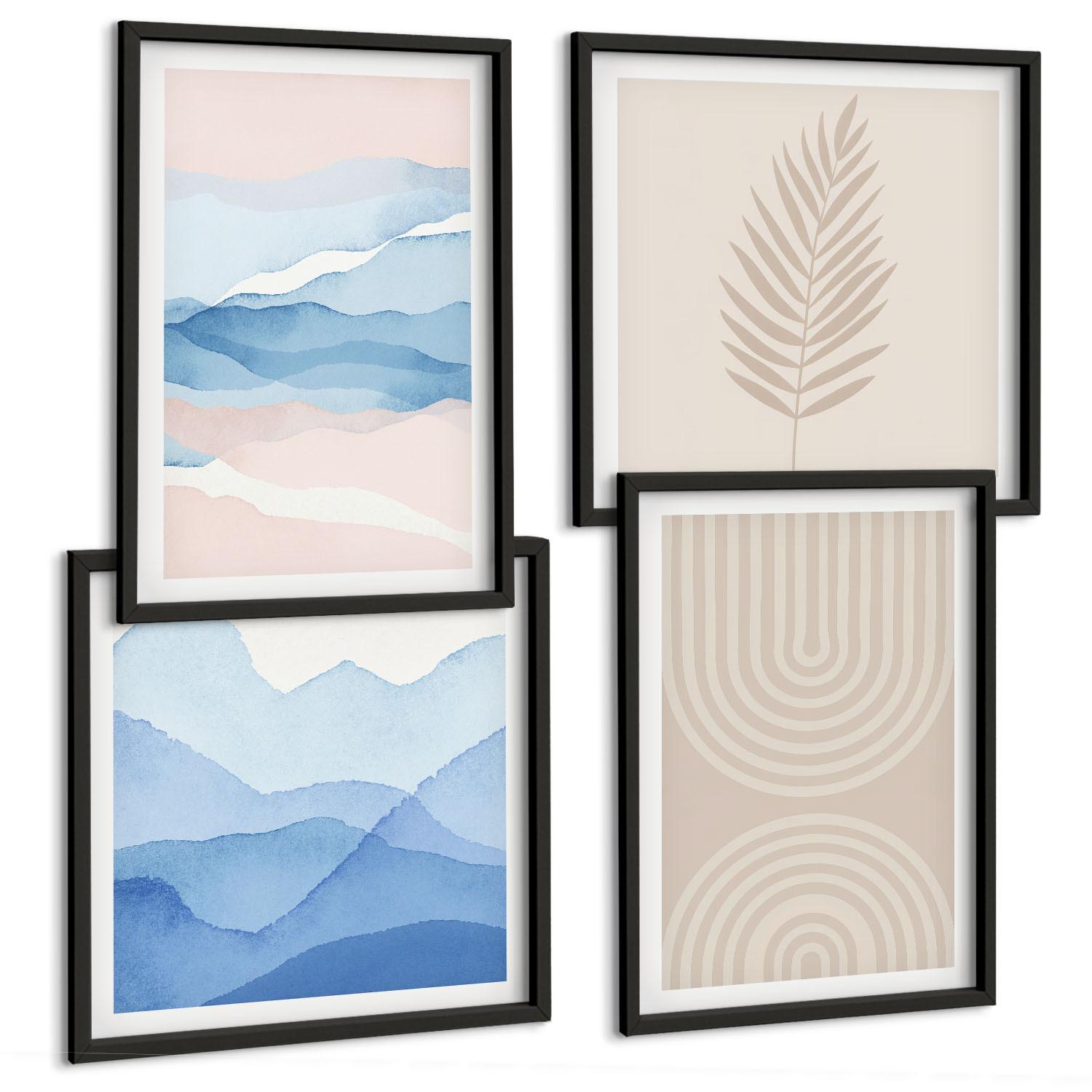 BILDER SET 4er Set - 50x50 cm & 40x60 cm Schwarzer Rahmen - Blätterwellen beige blau - Schwarz, Kunststoff (50/50cm) - TULUP
