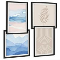 BILDER SET 4er Set - 50x50 cm & 40x60 cm Schwarzer Rahmen - Blätterwellen beige blau - Schwarz, Kunststoff (50/50cm) - TULUP