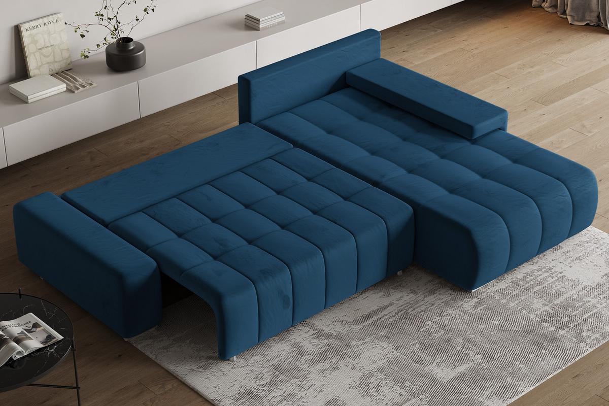 ECKSOFA ALESE R-S Blau Velours-Stoff mit Schlaffunktion - Blau/Silberfarben, Holz/Textil (265/185cm) - MASSENO