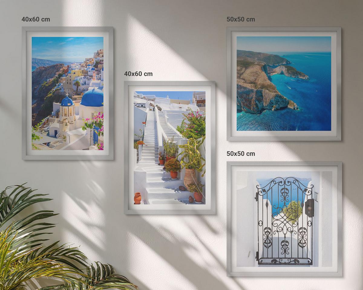 BILDER SET 4er Set - 50x50 cm & 40x60 cm Silberner Rahmen - Griechische Architektur auf Santorin, Oia - Silberfarben, Kunststoff (50/50cm) - TULUP