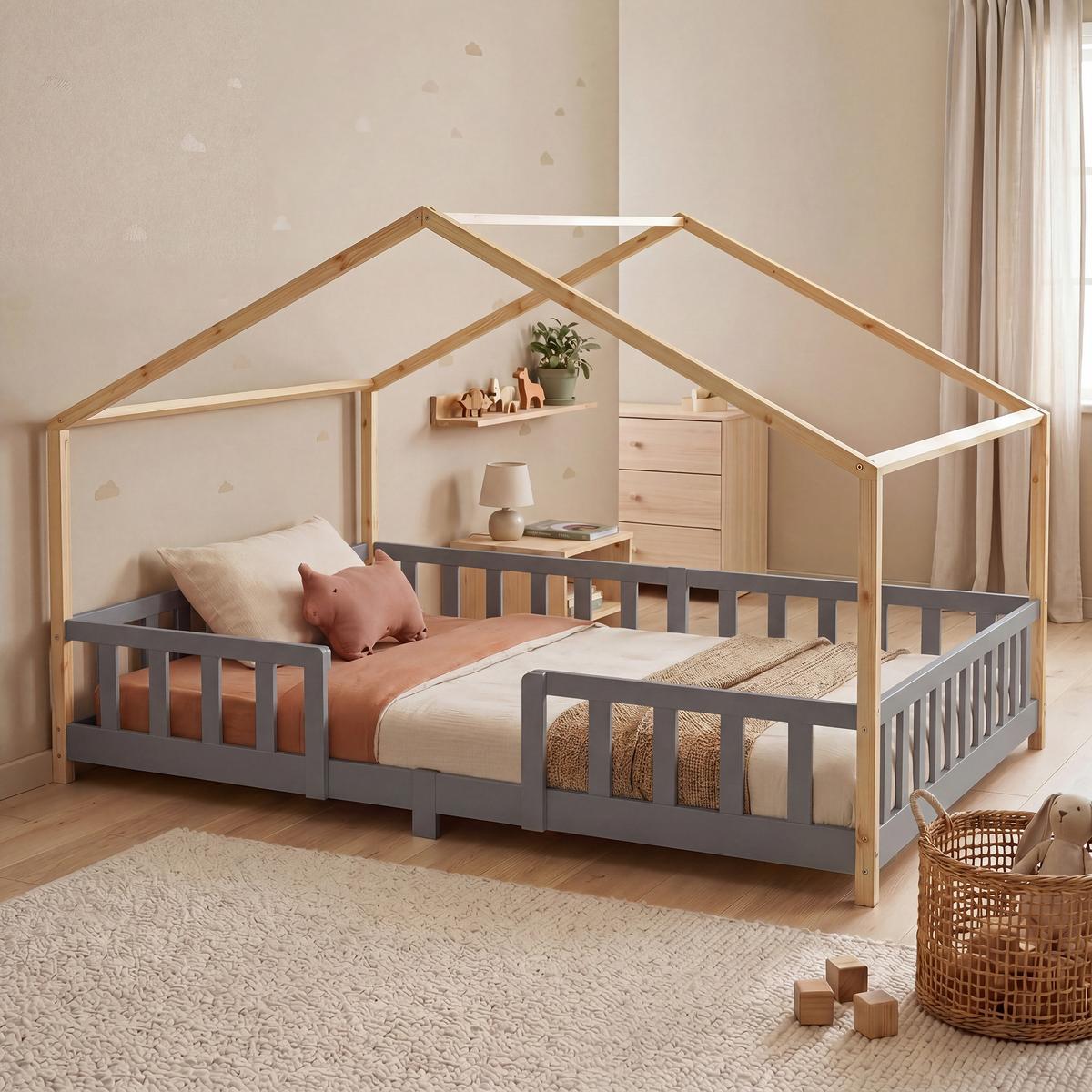 HAUSBETT Treviolo - Hellgrau/Naturfarben, Holz (140/200cm) - [en.casa]
