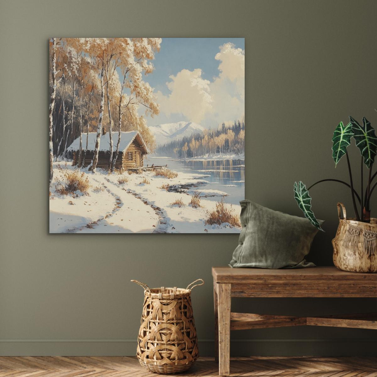 AKUSTIKBILD Winter - Schnee - Zuhause - Natur Akustikpaneele 90x90 cm - Hellbraun, Kunststoff (90/90/0.9cm) - MuchoWow