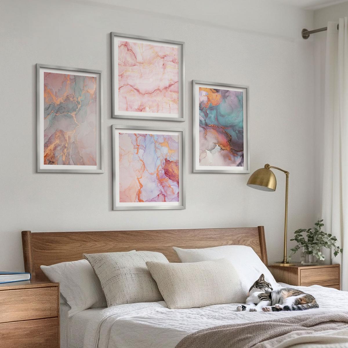 BILDER SET 4er Set - 50x50 cm & 40x60 cm Silberner Rahmen - Abstrakte Pastellmuster - Silberfarben, Kunststoff (50/50cm) - TULUP