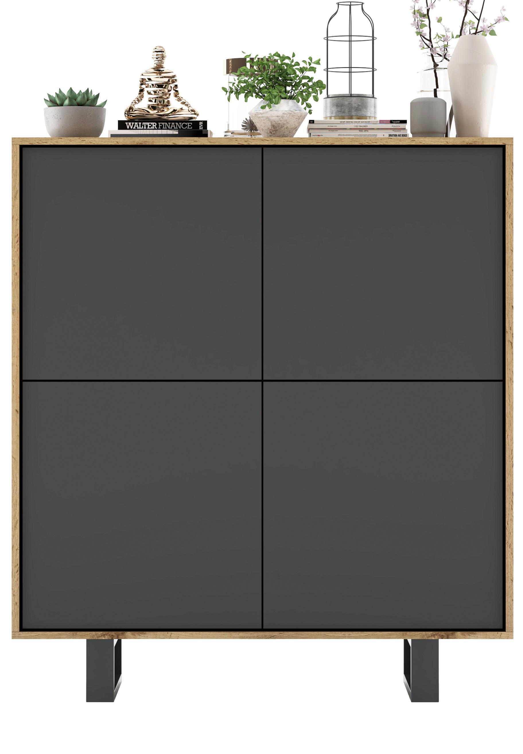 KOMMODE Apollo 4D Eiche wotan Graphit Matt 113/127/35 cm - Graphitfarben/Schwarz, Holzwerkstoff/Metall (113/127/35cm) - Meble Lindner