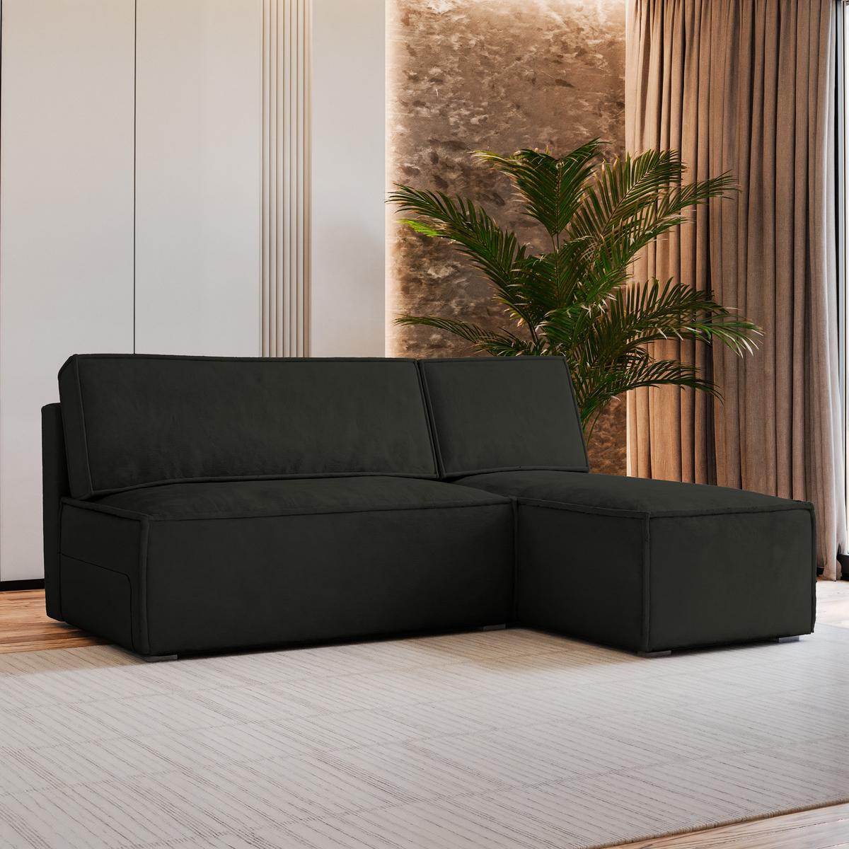 ECKSOFA BRISO M Schwarz Velours-Stoff mit Schlaffunktion - Schwarz/Grau, Holz/Kunststoff (200/140cm) - MASSENO