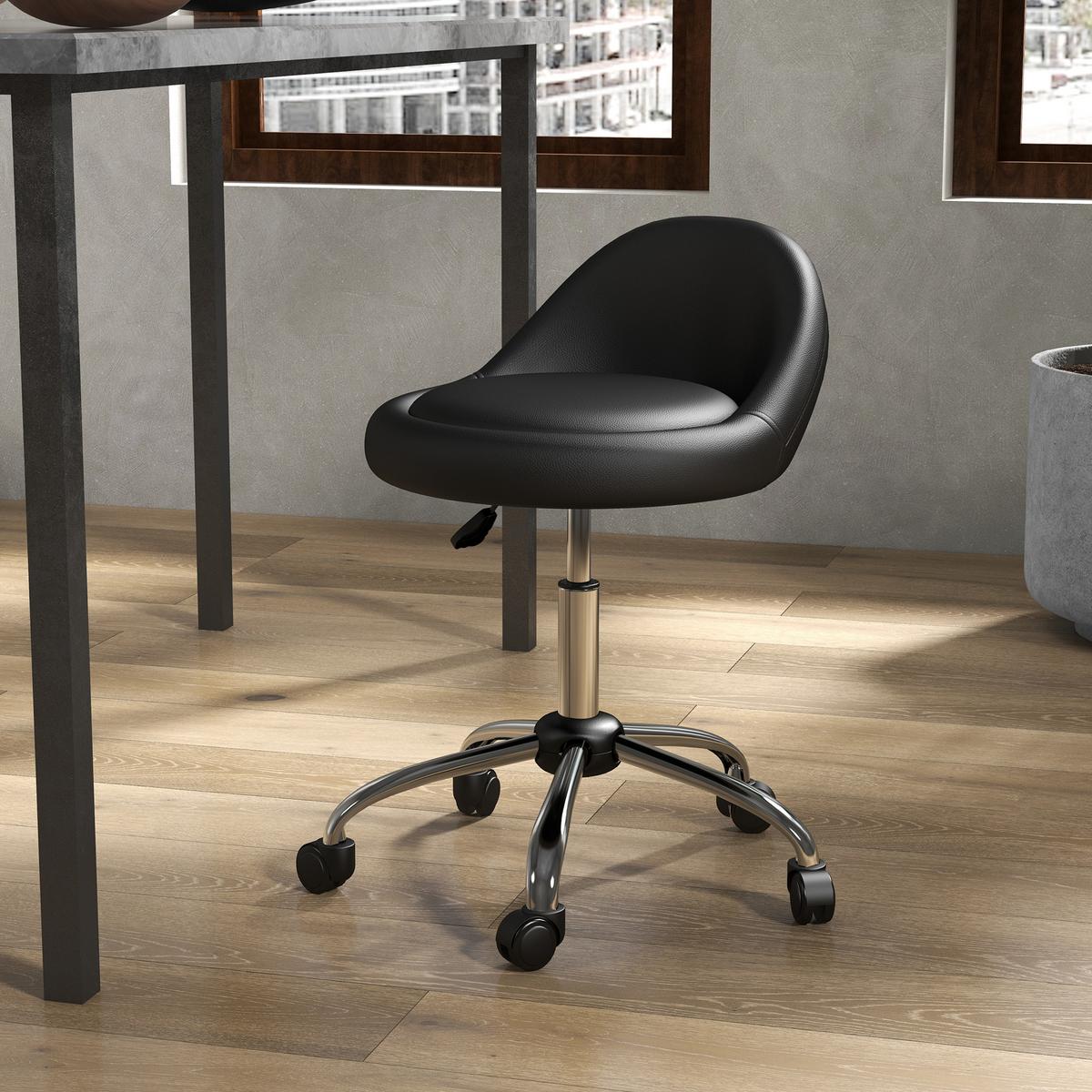 ROLLHOCKER Höhenverstellbarer Arbeitshocker 63-83 cm Drehhocker mit Rädern - Schwarz, Leder (35/83/35cm) - HOMCOM