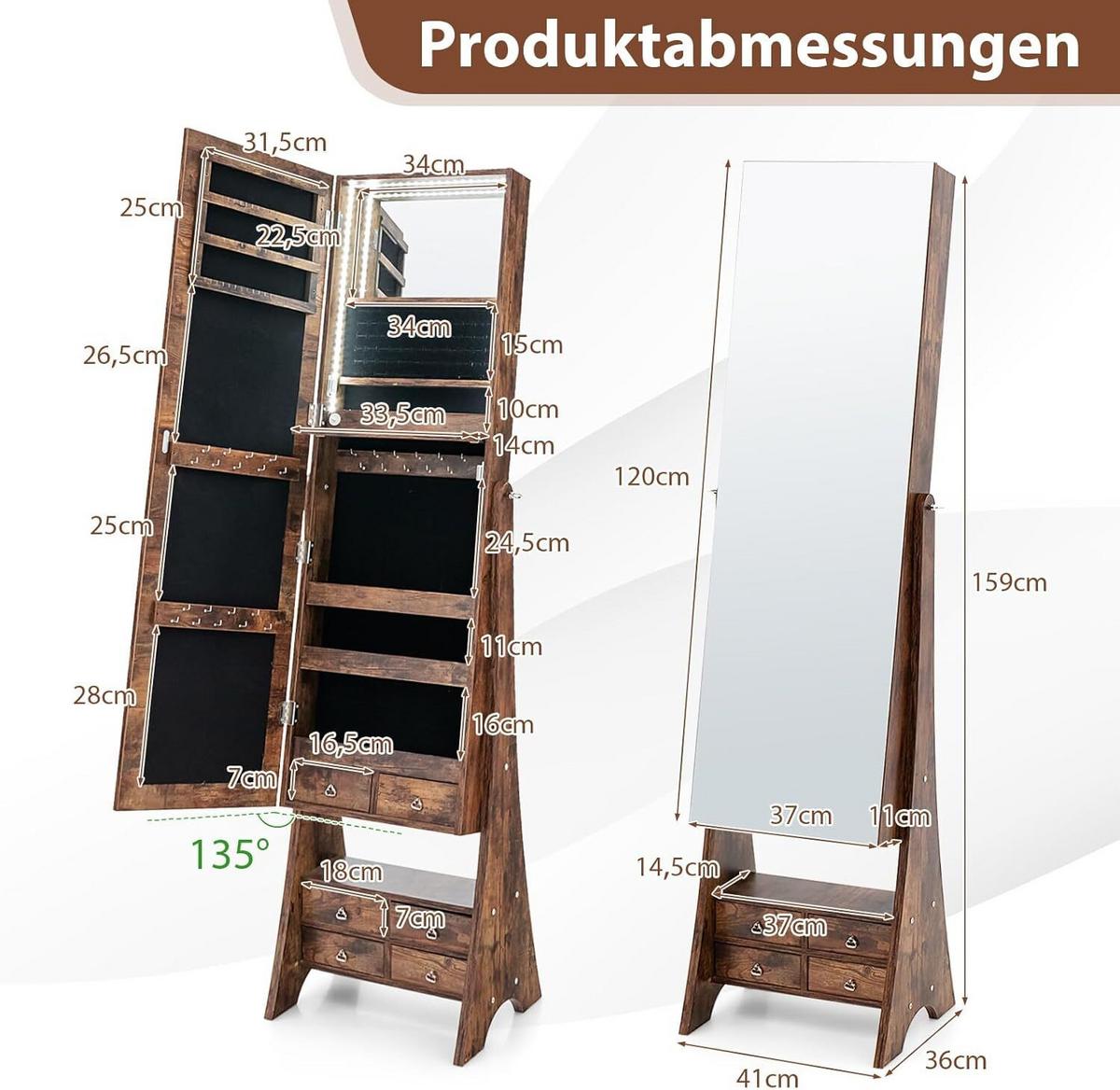 SCHMUCKSCHRANK 159cm Weiß - Weiß, Holz (41/159/36cm) - COSTWAY