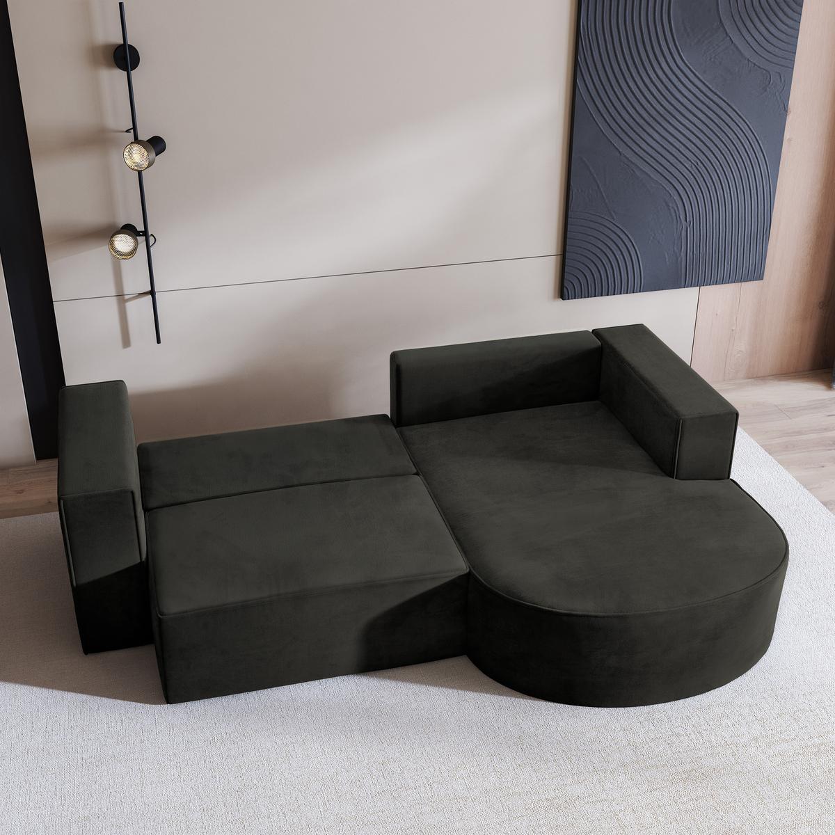 ECKSOFA SORELA M R-S Schwarz Velours-Stoff mit Schlaffunktion - Schwarz, Holz (263/174cm) - MASSENO