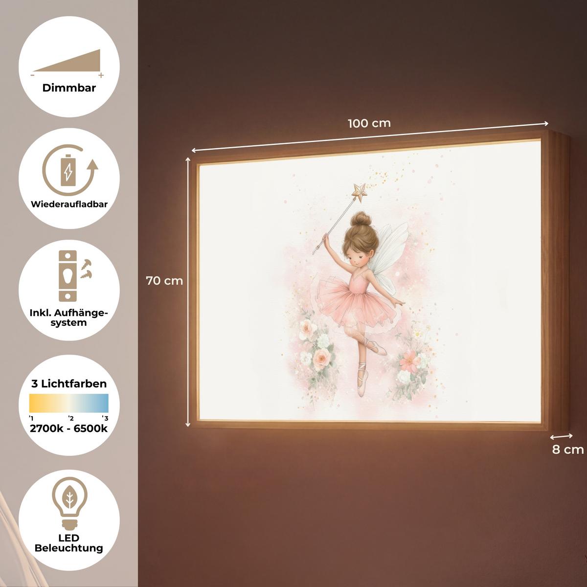 NACHTTISCHLAMPE MIT AKKU Ballerina - Fee - Blumen - Rosa 100x70 cm - Rosa, Holzwerkstoff (8/100/70cm) - OnlyWow