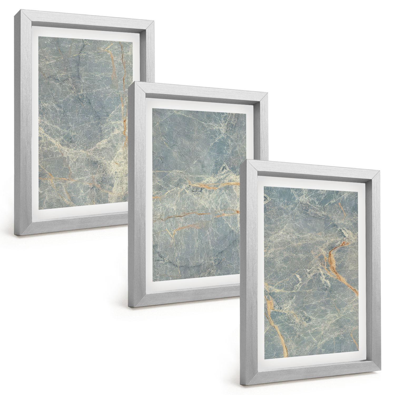 BILDER SET 3er Set - 20x30 cm Silberner Rahmen - Dekorativer Stein aus grünem Marmor - Silberfarben, Kunststoff (20/30cm) - TULUP