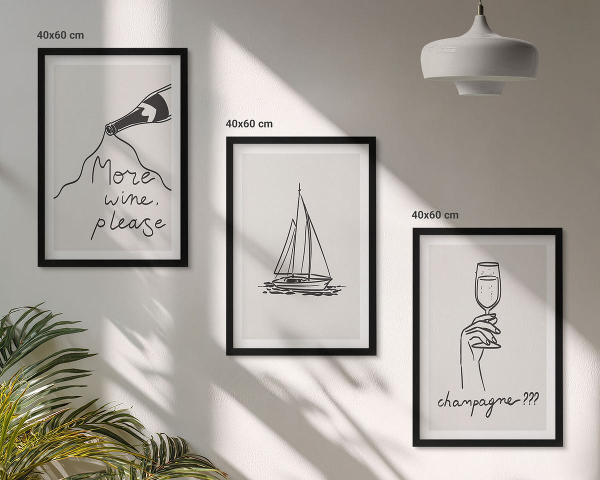 BILDER SET 3er Set - 40x60 cm Schwarzer Rahmen - Weinsegelboot-Glas-Linienzeichnung - Schwarz, Kunststoff (40/60cm) - TULUP