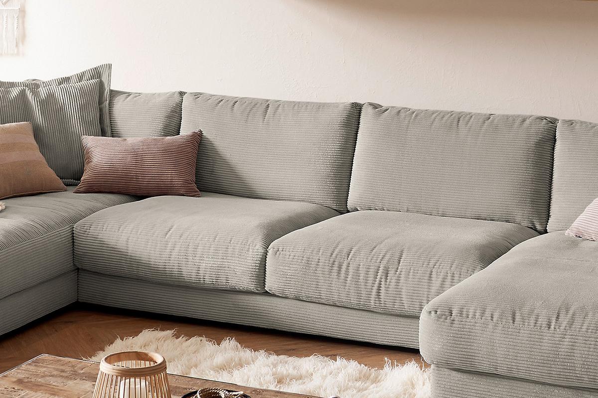 WOHNLANDSCHAFT MADELINE Granit Cord - Greige/Schwarz, Kunststoff/Textil (425/86/224cm) - KAWOLA