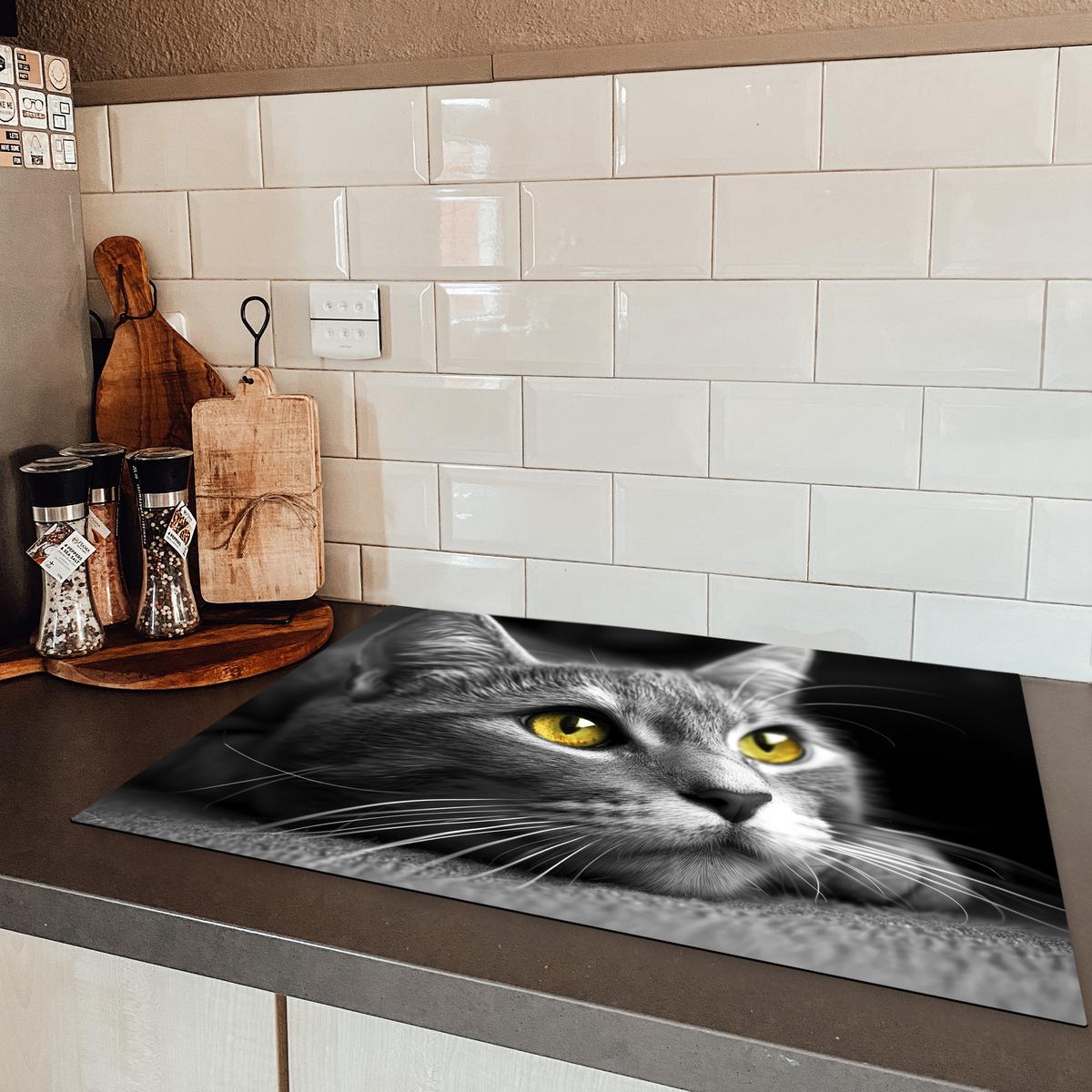 HERDABDECKPLATTE Katze - Grau - Tiere - Katze Herdabdeckung Induktionsfeld 75x52 cm - Grau, Kunststoff (75/52/0.2cm) - MuchoWow