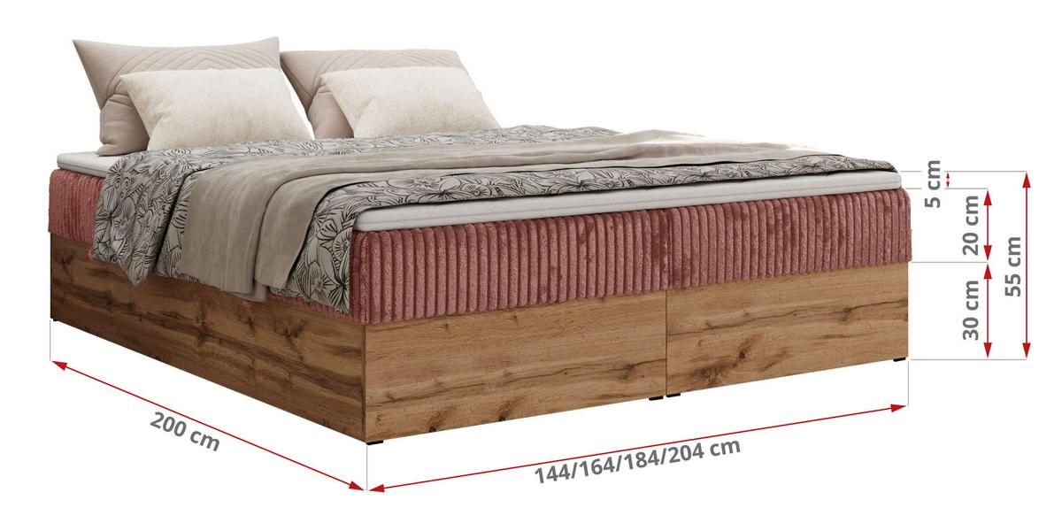 BOXBETT WOOD ZERO 200/200 - Rosa Cord - H4 - Topper T25 - Rosa, Textil (200/200cm) - MKS