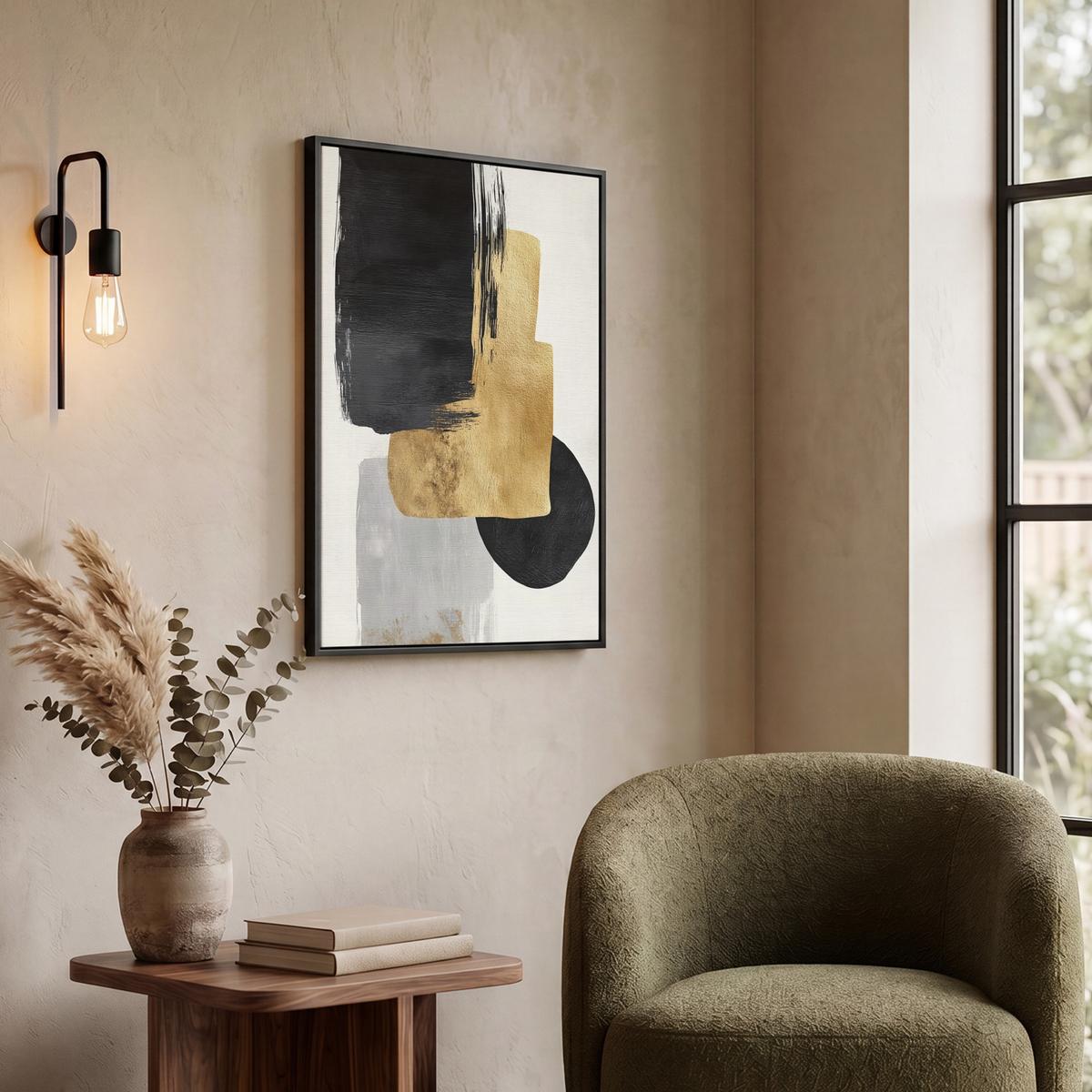 LEINWAND Bilder mit Rahmen - Gold - Rechtecke - Kreise - Abstrakt - 50x70 - Weiß, Textil (50/70cm) - MuchoWow