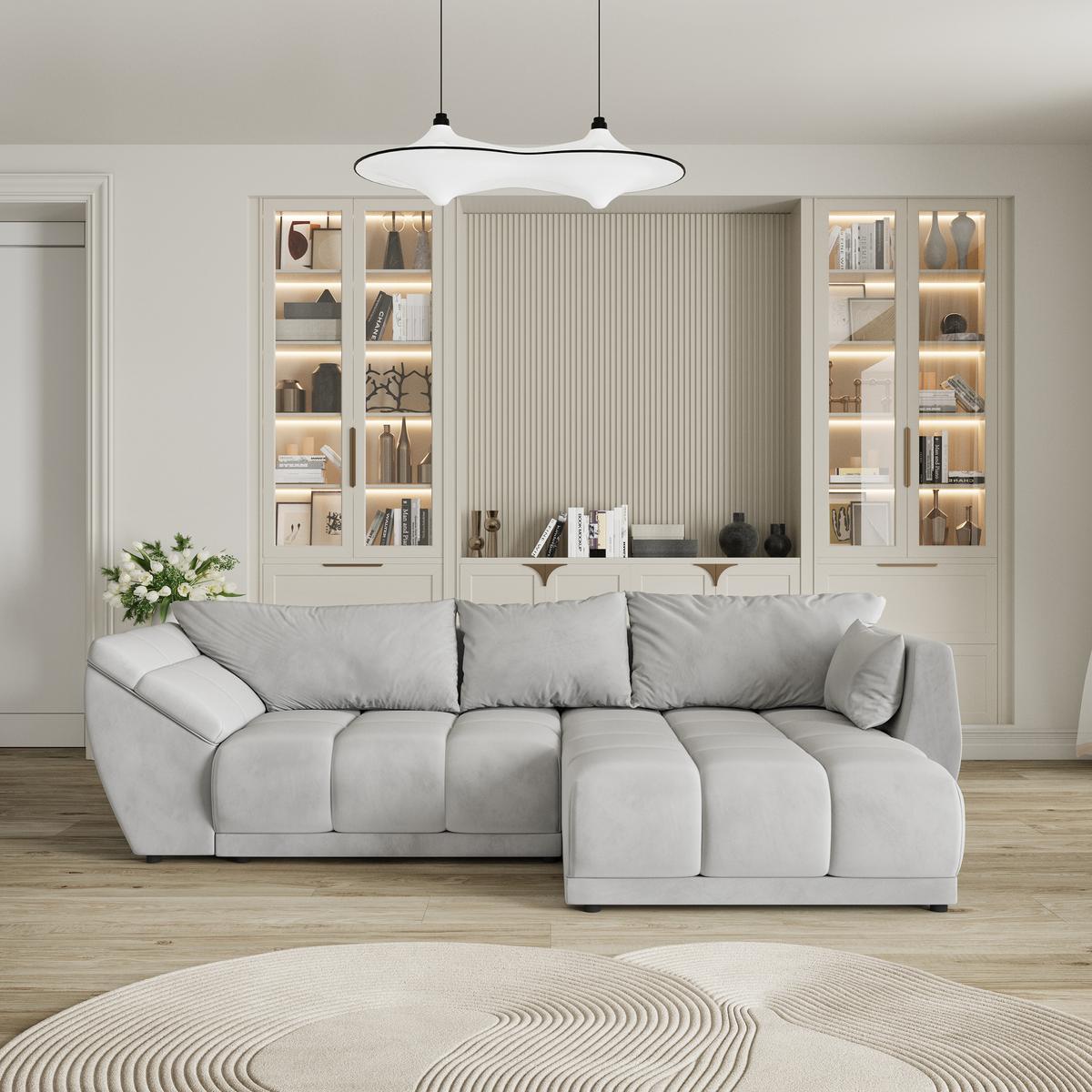 ECKSOFA ORENTI R-S Hellgrau Velours-Stoff mit Schlaffunktion - Hellgrau, Holz (287/182cm) - MASSENO