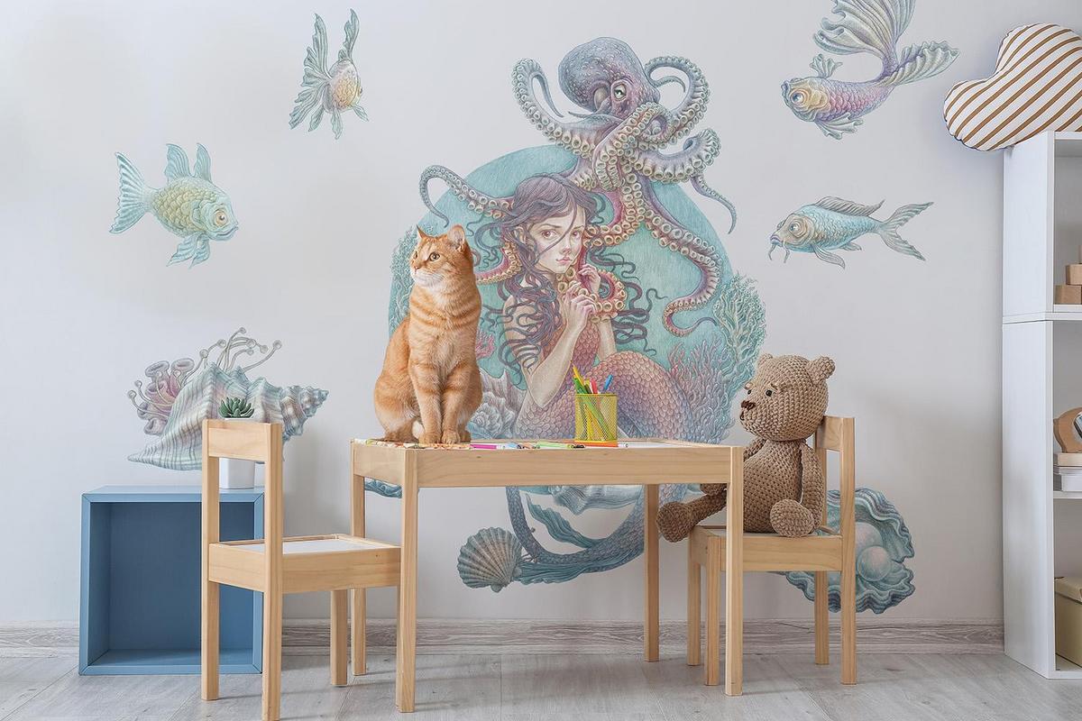 WANDAUFKLEBER 100x112cm - Unterwasser-Meerjungfrauen - Multicolor, Kunststoff (100/112/0.1cm) - Wallfluent