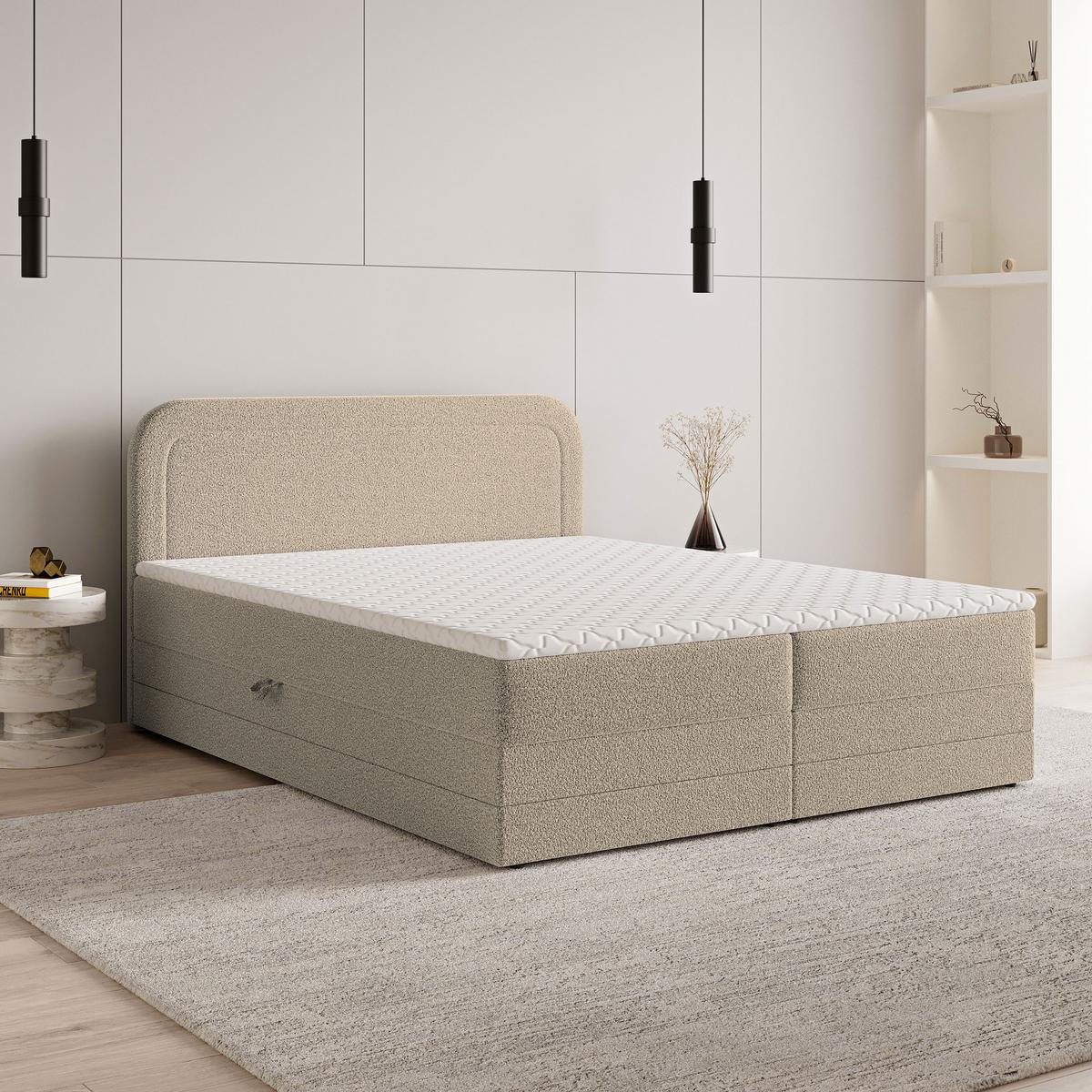 BOXBETT ARMEL 180x200 cm mit Matratze und Topper - Beige - Beige, Holz (180/200cm) - MASSENO