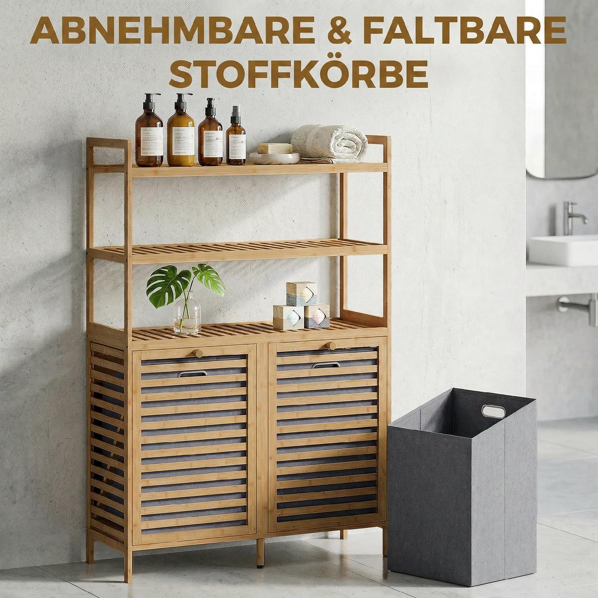 WÄSCHESCHRANK Bambus Vliesstoff Eiche - Eichefarben/Goldfarben, Naturmaterialien/Bambusholz (30/118/80cm) - HOMCOM