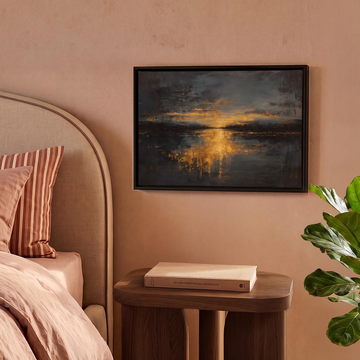 LEINWAND Bilder mit Rahmen - Goldene Reflexion auf dem Wasser - 40x30 - Anthrazit, Textil (40/30cm) - MuchoWow