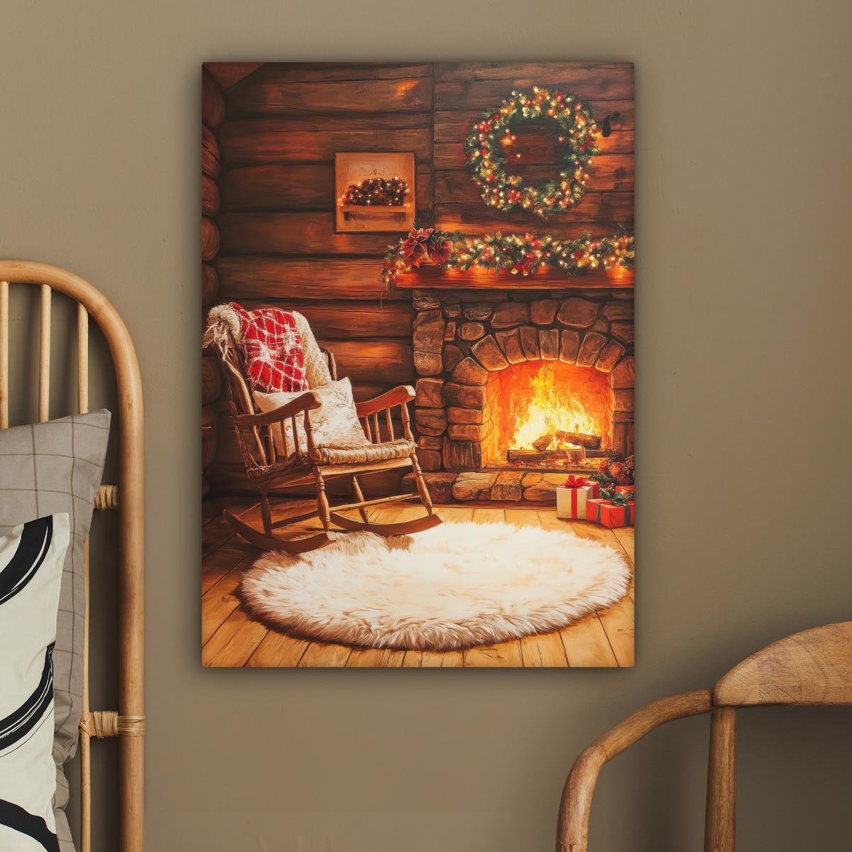 LEINWANDBILD Winter - Weihnachten - Zuhause - Kamin Wandbild Wohnzimmer 60x80 cm - Bernsteinfarben, Textil (60/80cm) - MuchoWow