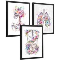 POSTER Set aus 3 Anatomie Drucke mit Skelett Schädel Wirbelsäule Rippen Lungen und Verdauungssystem Künstlerischer Größe Schwarzer Rahmen A4 - Schwarz, Papier (21/29.7/3cm) - Nacnic