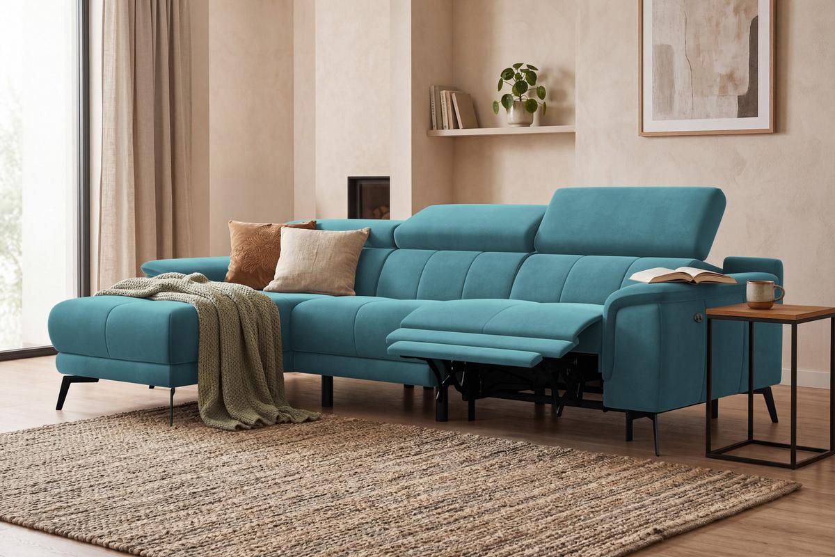 ECKSOFA FIERO 4-Sitzer LINKS, Minter Veloursstoff - Schwarz/Mintgrün, Holz/Textil (288/170cm) - Courtois Laville